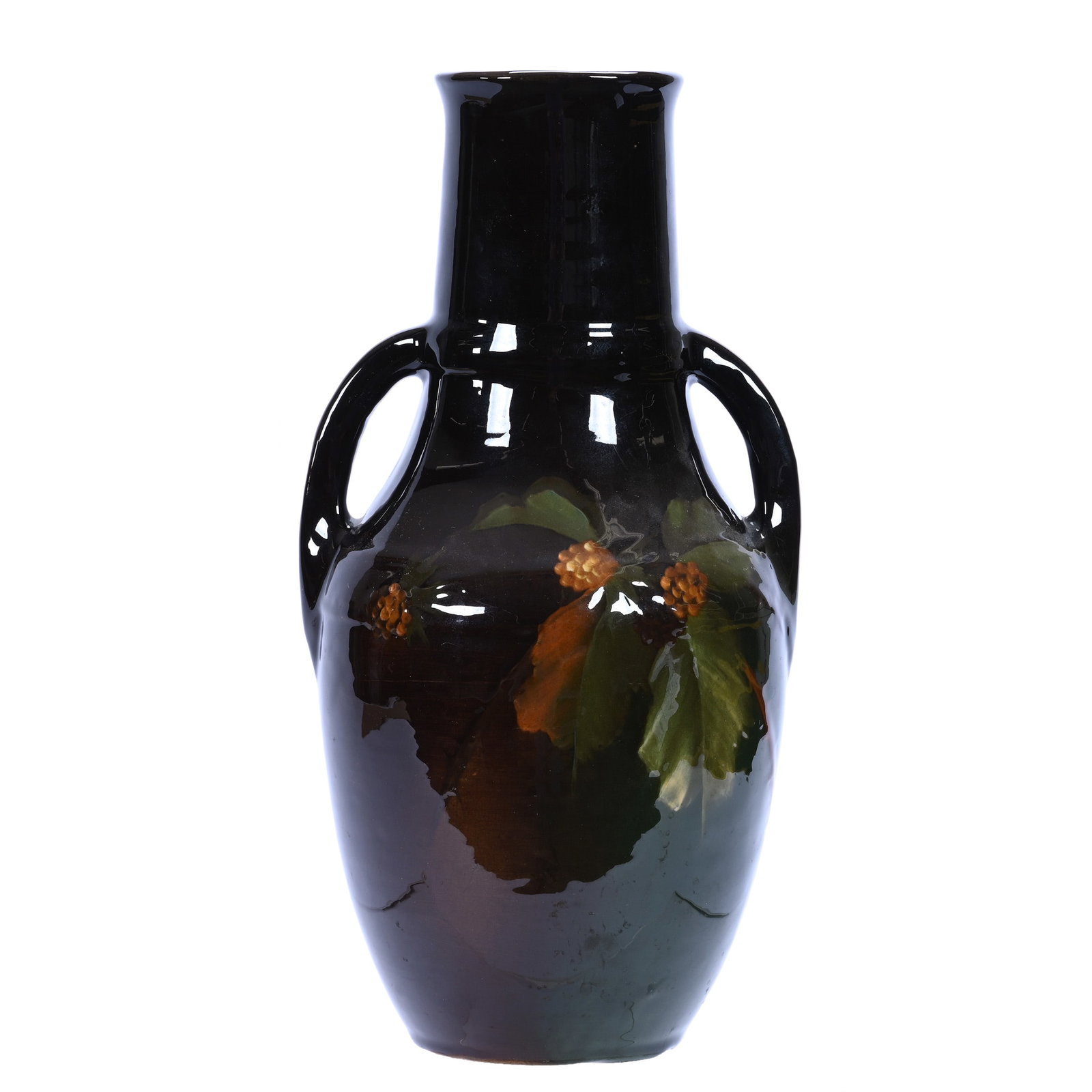 Two Handled Vase, Marked Cambridge Art Pottery (1901-1909), Model #241: Two Handled Vase, Marked Cambridge Art Pottery (1901-1909), Model #241, 12 x 6.5 x 5.5 Inches, Brown Standard Glaze With Leaf And Berry Decor, 3.2 Pounds, Douglas Millhoff Collection, Ohio. Effective 