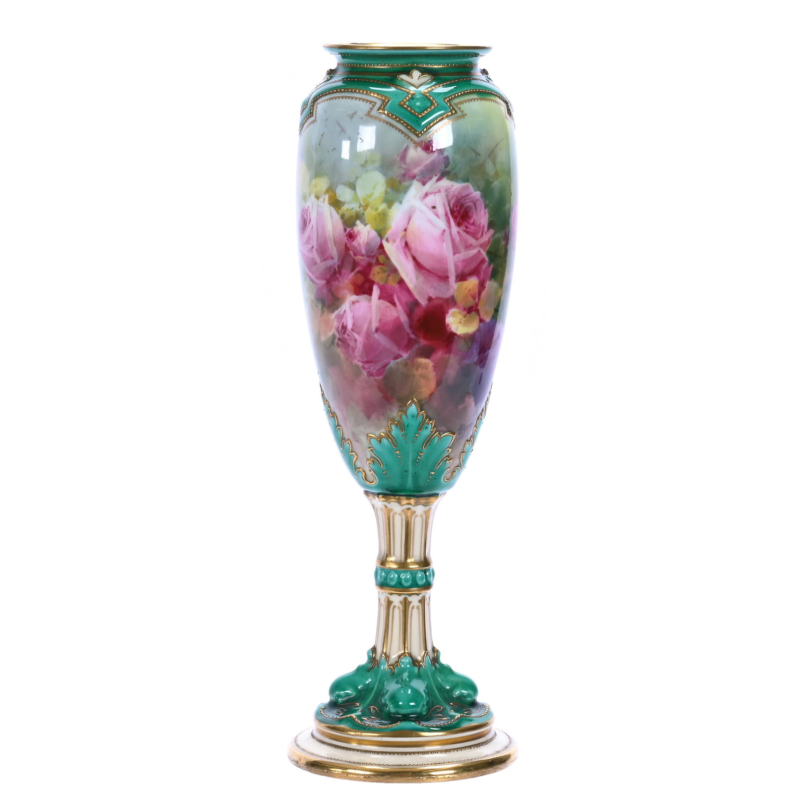 Pedestal Vase, Marked Royal Doulton: Pedestal Vase, Marked Royal Doulton, 10 x 3.25 x 3.25 Inches, Green And Cream Tones With Hand Painted Rose Decor, Artist Signed, 0.8 Pounds, Private Collection, Michigan. Effective 6/6/26, All LiveAuc