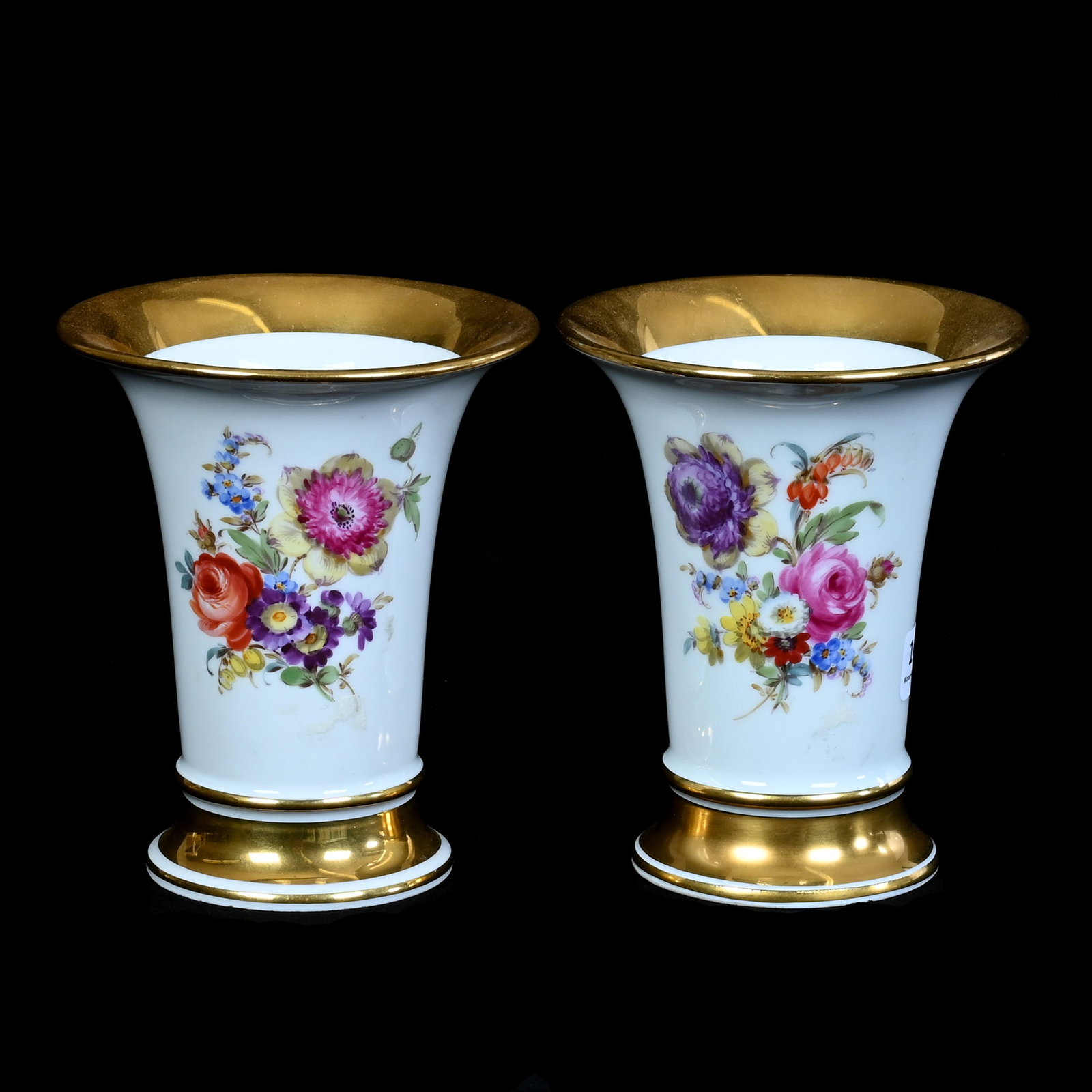 Pair Vases, Meissen Porcelain Blue Crossed Swords Mark: Pair Vases, Meissen Porcelain Blue Crossed Swords Mark, 5.5 x 4.5 x 4.5 Inches, White With Colorful Hand Painted Floral Decor And Gold Trim, Model #Q22, 1.7 Pounds, Private Collection, Michigan. Effec
