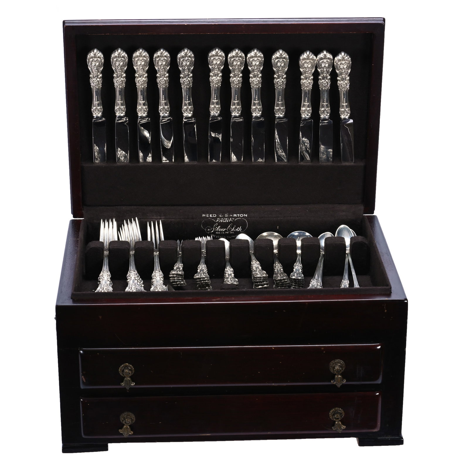 (100) Piece Sterling Silver Flatware Set, Francis I Pattern By Reed And Barton: (100) Piece Sterling Silver Flatware Set, Francis I Pattern By Reed And Barton, 18.5 x 12.5 x 10.25 Inches, Set Includes (12) 9.5" Table Knives With Sterling Silver Handles, (12) 8.75" Table Forks, (1
