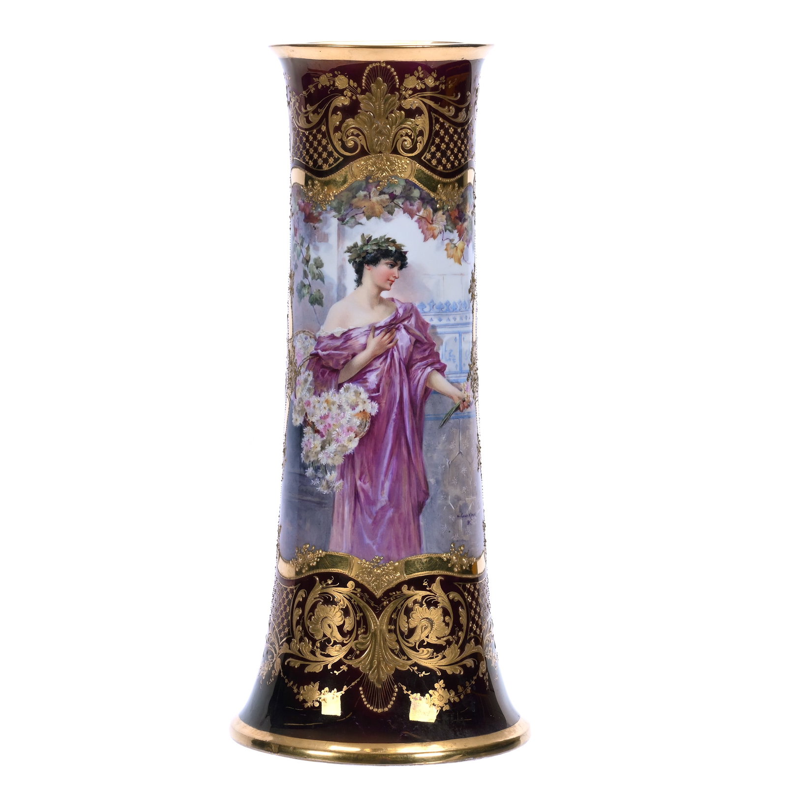 Vase, Marked Dresden Porcelain: Vase, Marked Dresden Porcelain, 13.5 x 6 x 6 Inches, Iridescent Bronze Background With Exceptional Hand Painted Scene Of Woman Holding Basket Of Flowers, Titled "Marguerite", Artist Signed Kiesel, 2.6