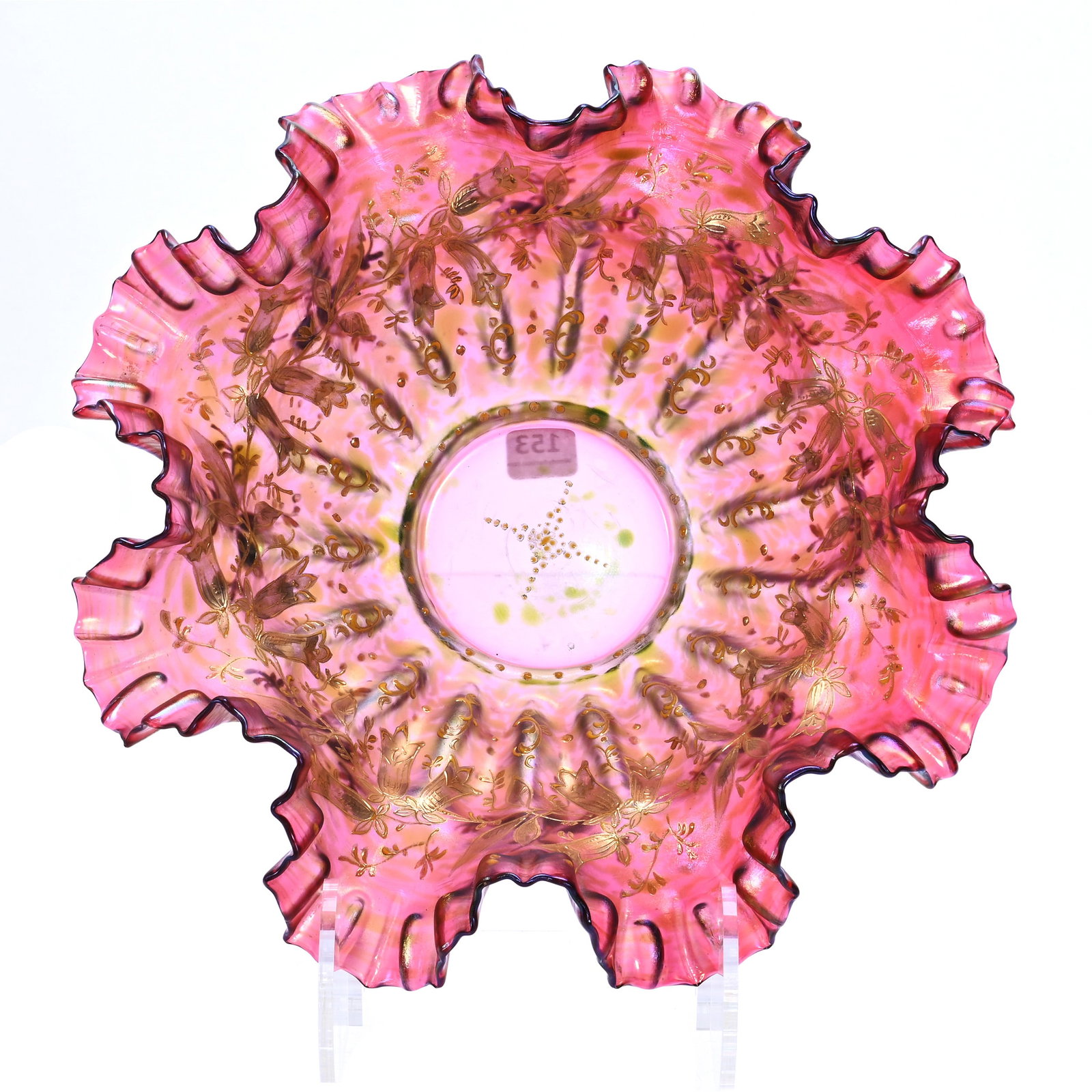 Victorian Brides Bowl, Loetz Style Bohemian Art Glass: Victorian Brides Bowl, Loetz Style Bohemian Art Glass, 11.5 x 11.5 x 4.5 Inches, Cranberry With Green Oil Spot Iridescent Highlights, Gold Enamel Leaf And Scroll Decor, 3.75" Base Diameter, 2.3 Pounds