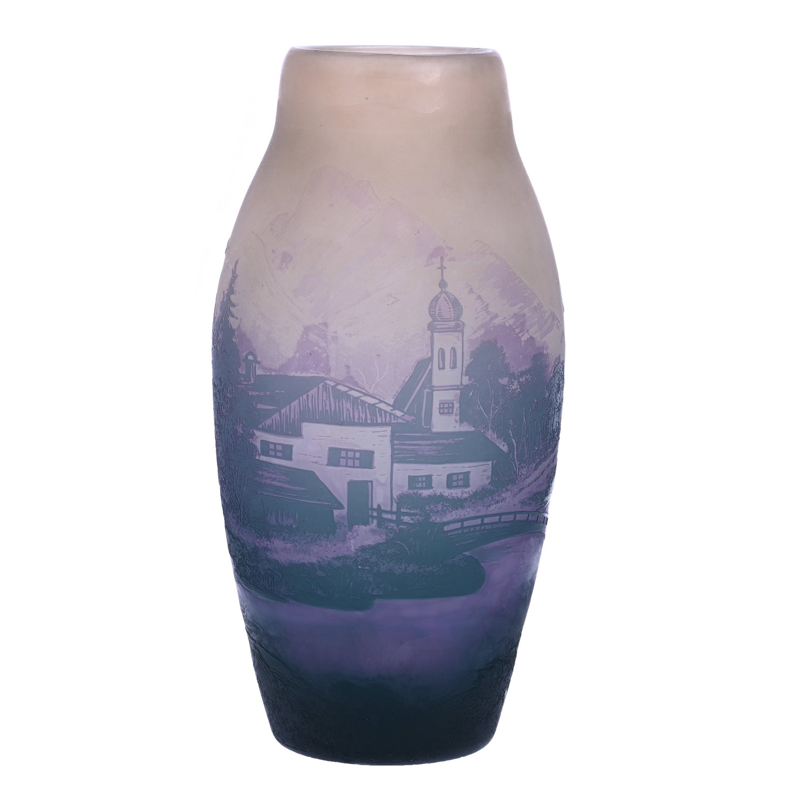 Vase, French Cameo Art Glass, Signed Arsall: Vase, French Cameo Art Glass, Signed Arsall, 8 x 3.75 x 3.75 Inches, Peach And White Background With Lavender Cutback Overlay Featuring Lake, Bridge, Mountain, And Town, 1.6 Pounds, Private Collection