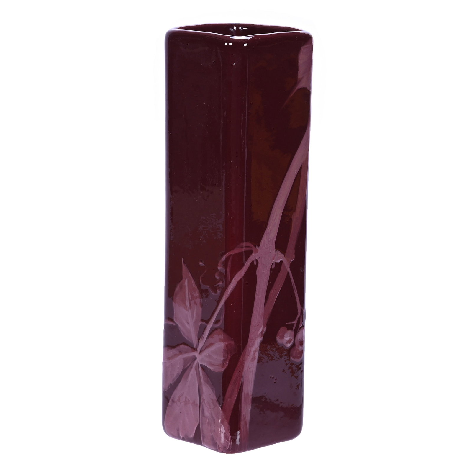 Square Vase, Marked Weller Art Pottery: Square Vase, Marked Weller Art Pottery, 10.25 x 2.75 x 2.75 Inches, Louwelsa Red With Cherry Branch Decor, Artist Signed Hester Pillsbury, 2.1 Pounds, Douglas Millhoff Collection, Ohio. Effective 6/6/