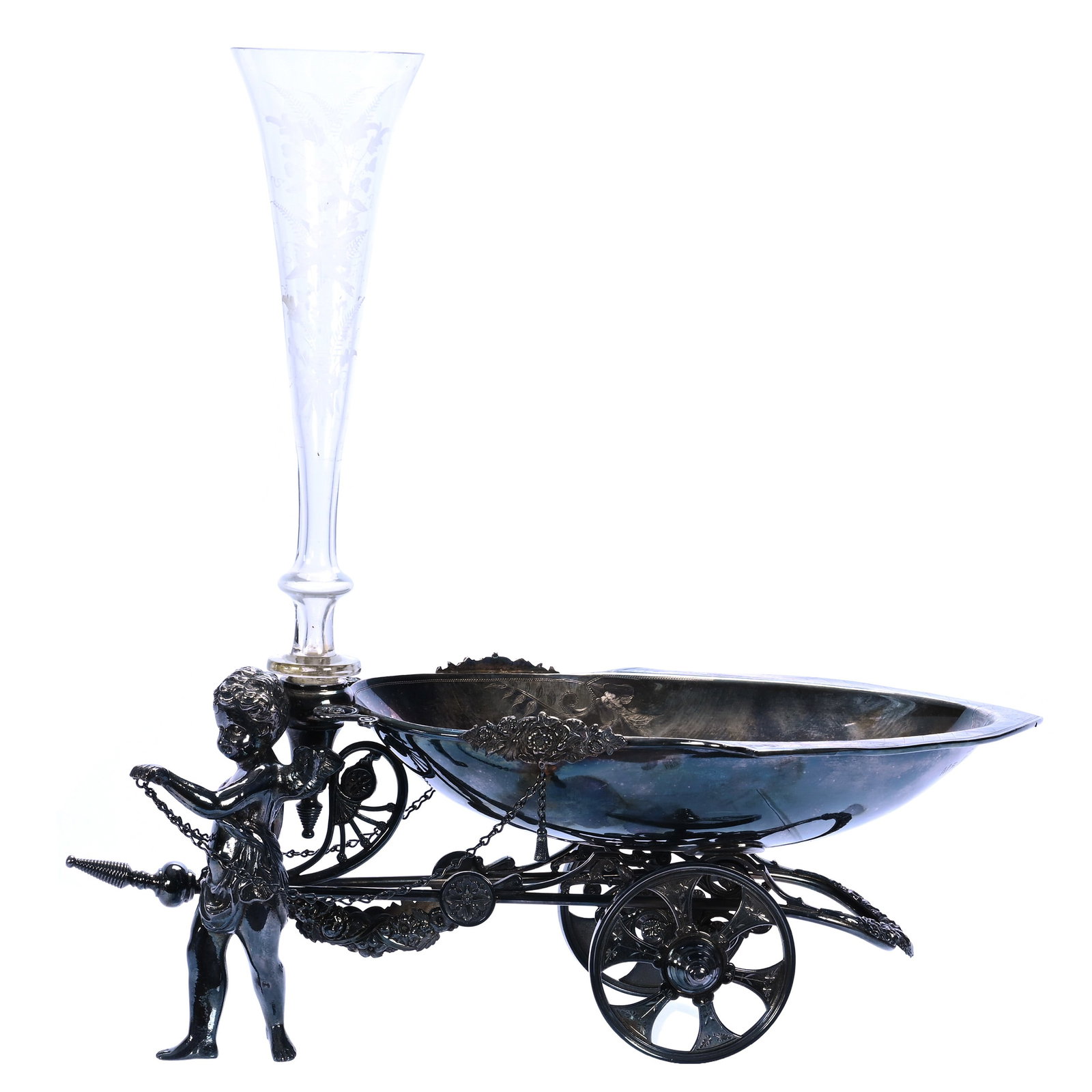 Victorian Silverplate Centerpiece Epergne: Victorian Silverplate Centerpiece Epergne, 16 x 16.5 x 9.5 Inches, Clear Etched Floral Vase Set On Elaborate Silverplate Wagon With Full Figure Cherub At Front, Marked Derby Silverplate #1206, Inscrib