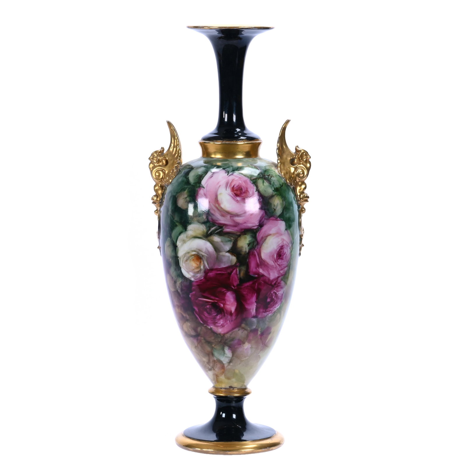 Pedestal Two Handled Vase, Marked C.A.C. Belleek (Ceramic Arts Company): Pedestal Two Handled Vase, Marked C.A.C. Belleek (Ceramic Arts Company), 15.5 x 6 x 5 Inches, Black Border With Green Background And Rose Decor, Figural Bird Handles, 2.2 Pounds, William "Bill" Wright