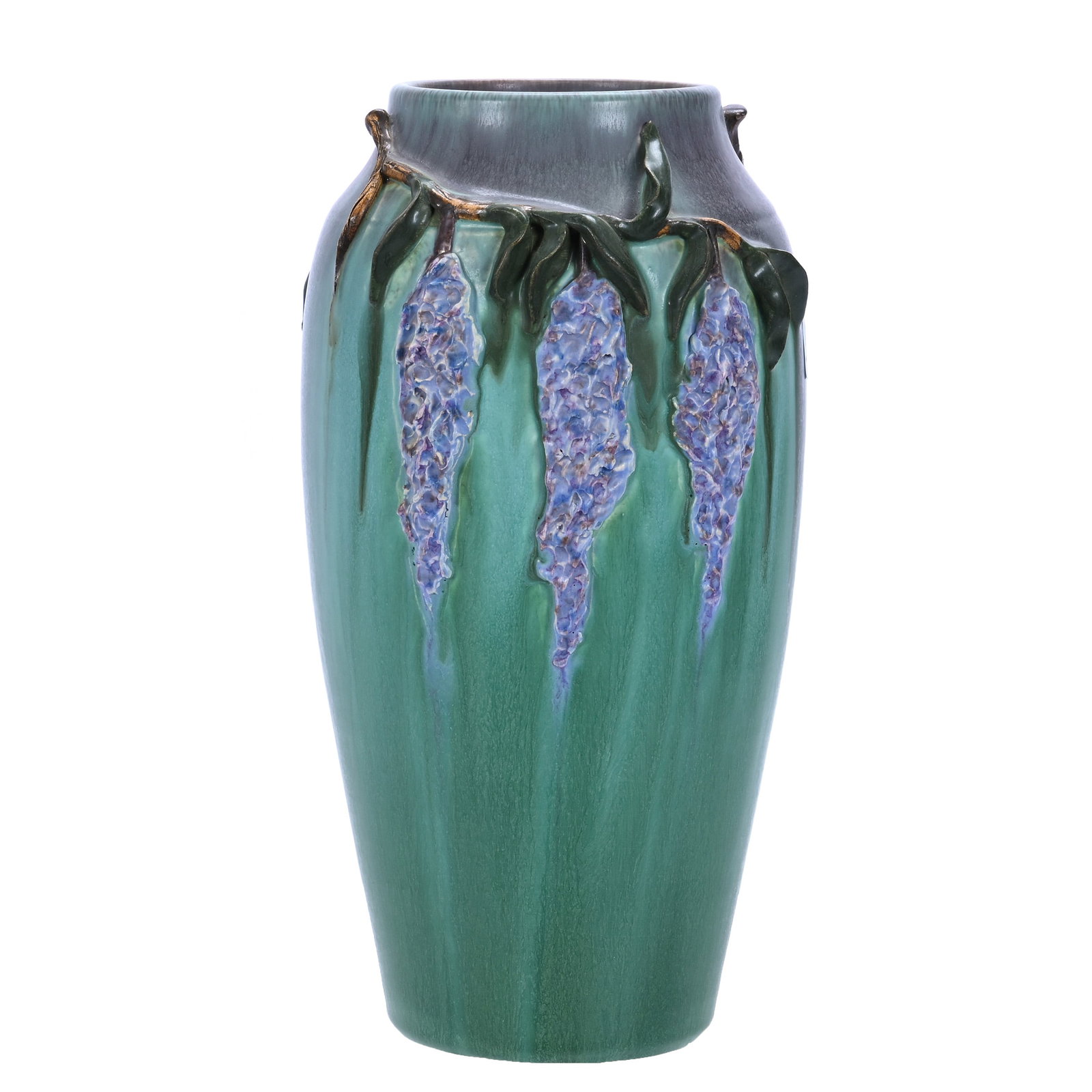 Vase, Marked Ephraim Pottery: Vase, Marked Ephraim Pottery, 10.25 x 5.5 x 5.5 Inches, Green With Wisteria Design, 3.1 Pounds, Private Collection, Missouri. Effective 6/6/26, All LiveAuctioneers Invoices Must Be Paid Using the PAY 