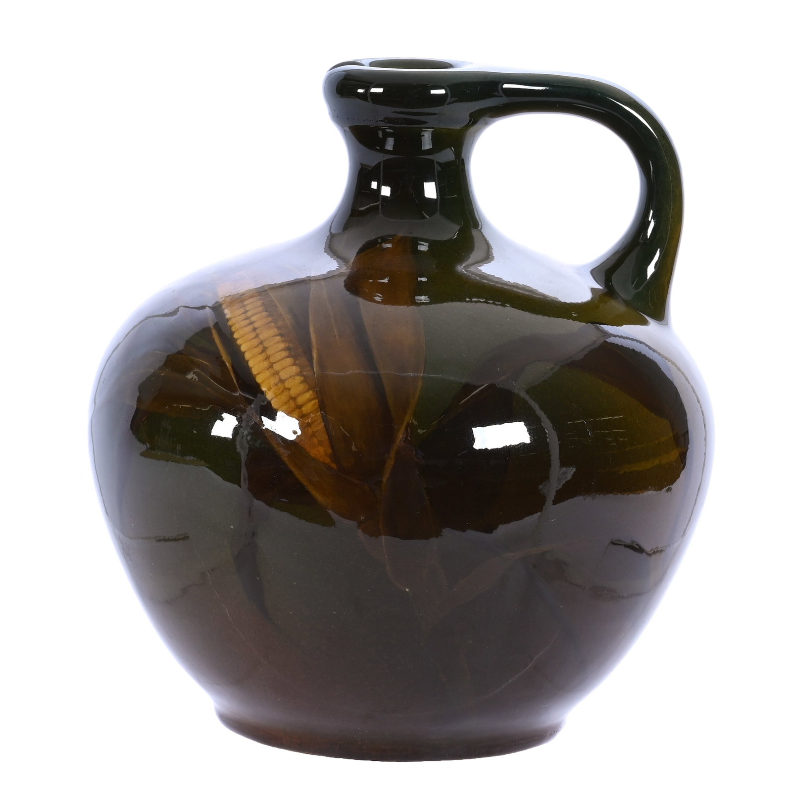 Whiskey Jug, Marked Rookwood Art Pottery, Dated 1896: Whiskey Jug, Marked Rookwood Art Pottery, Dated 1896, 6.5 x 6 x 6 Inches, Green And Brown Tones With Corn Cob On Stalk Decor, Artist Signed O. Geneva Reed Pinney, 1.8 Pounds, Douglas Millhoff Collecti