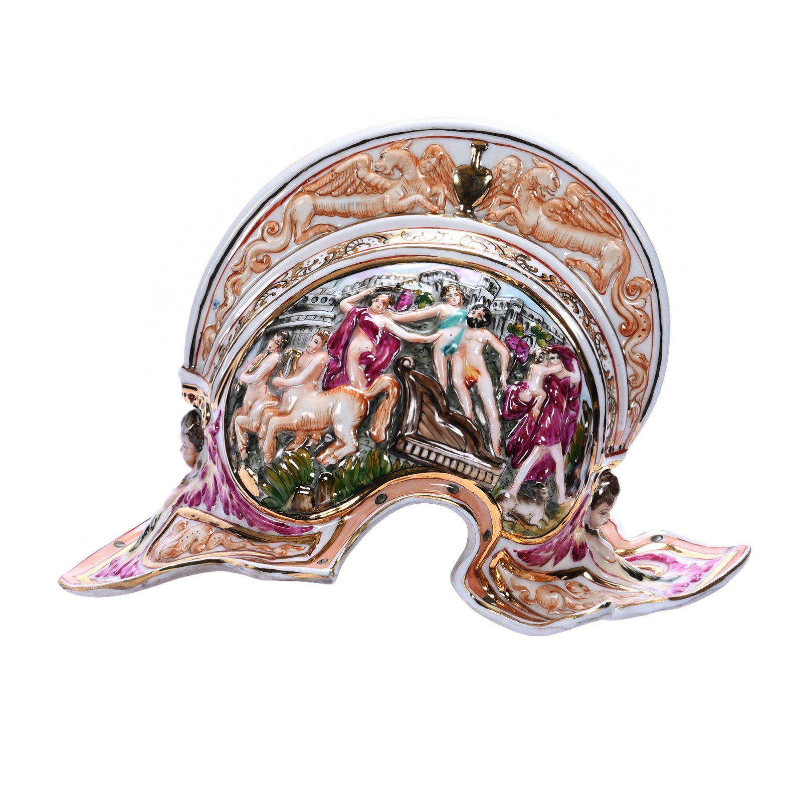 Helmet Marked Capodimonte, Blue Crown Over Neapolitan N Mark: Helmet Marked Capodimonte, Blue Crown Over Neapolitan N Mark, 7.5 x 10.75 x 7.75 Inches, Classic Mythological Scenic Decor, 2.1 Pounds, Private Collection, Kansas. Effective 6/6/26, All LiveAuctioneer