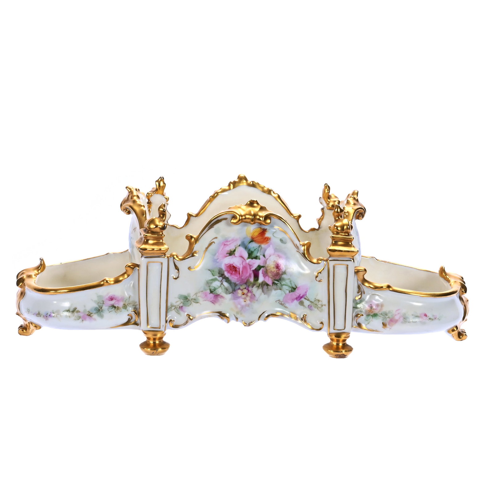 Centerpiece, Unmarked Limoges: Centerpiece, Unmarked Limoges, 14.5 x 6 x 4.5 Inches, Hand Painted By Brauer Chicago Studio, Cream Tones With Colorful Floral Decor And Heavy Gold Trim, Artist Signed Challinor (Edward S. Challinor), 