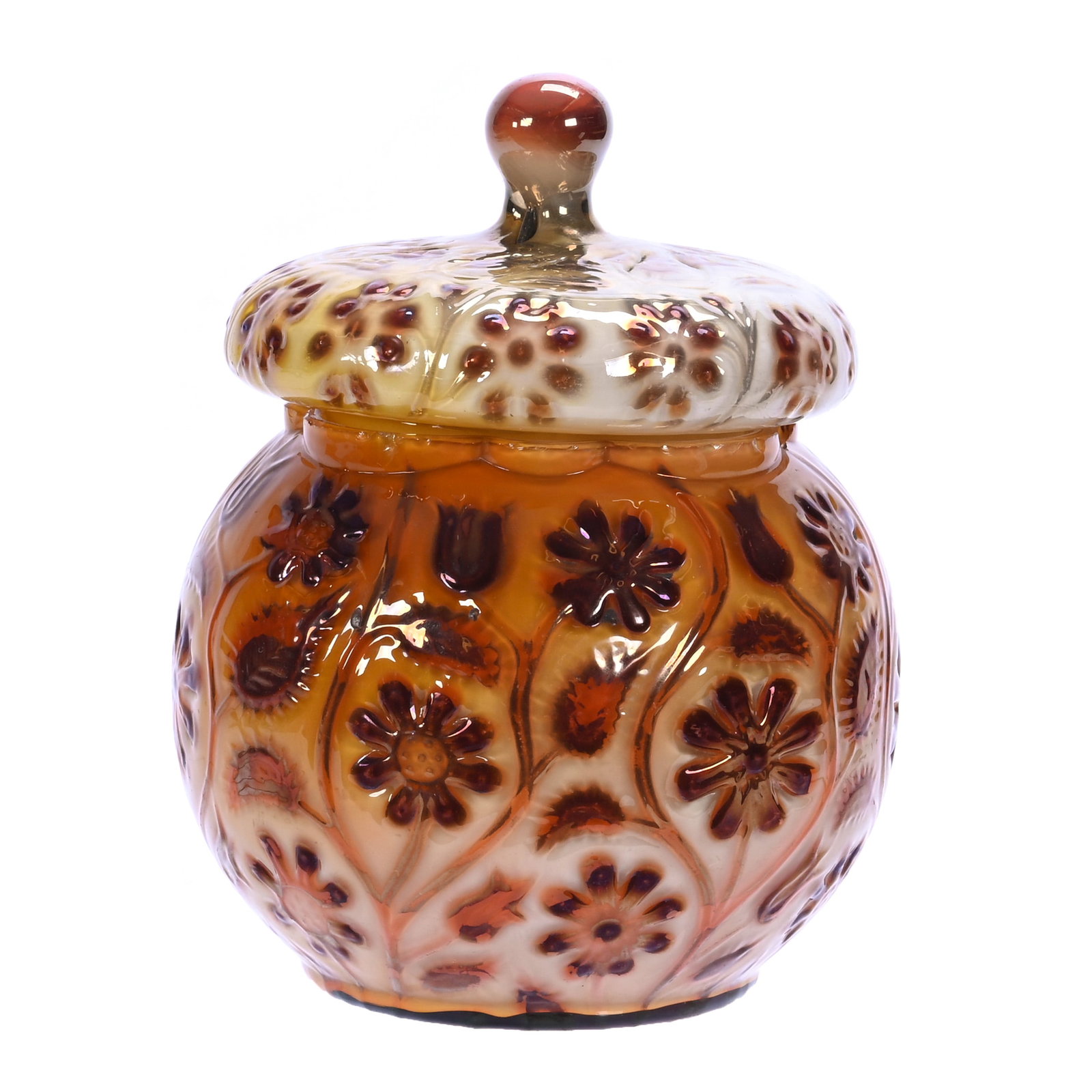 Covered Sugar Bowl, Findlay Onyx Butterscotch And Rose Art Glass: Covered Sugar Bowl, Findlay Onyx Butterscotch And Rose Art Glass, 5.25 x 4.25 x 4.25 Inches, Very Rare Color Combination, Chips Around Inner Lid Ring, 1.1 Pounds, Douglas Millhoff Collection, Ohio. Ef