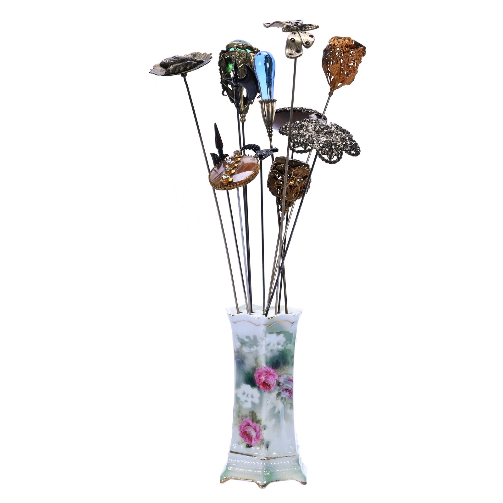 Hat Pin Holder With (12) Vintage Hat Pins: Hat Pin Holder With (12) Vintage Hat Pins, 12.5 x 2.5 x 2.5 Inches, (1) Unmarked R.S. Prussia Hat Pin Holder, Swag And Tassel Mold, Green And White Luster With Pink Floral Decor, (12) Various Unique H