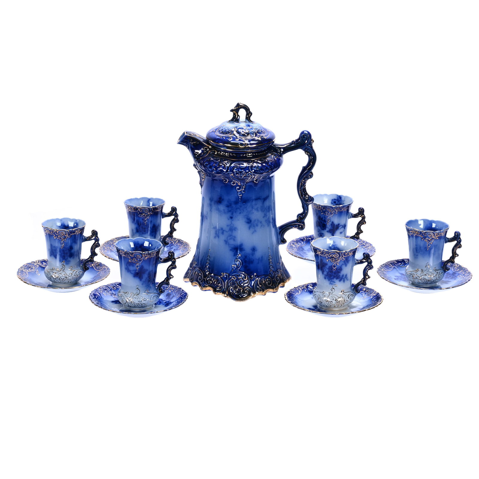Chocolate Set, Flow Blue Marked Labelle China (By Wheeling Pottery Company): Chocolate Set, Flow Blue Marked Labelle China (By Wheeling Pottery Company), 8.5 x 7 x 5.5 Inches, Floral Decor, Sells With (6) 3.25" X 4.75" Cups And Saucers, Beautiful Set, 4 Pounds, William "Bill" 