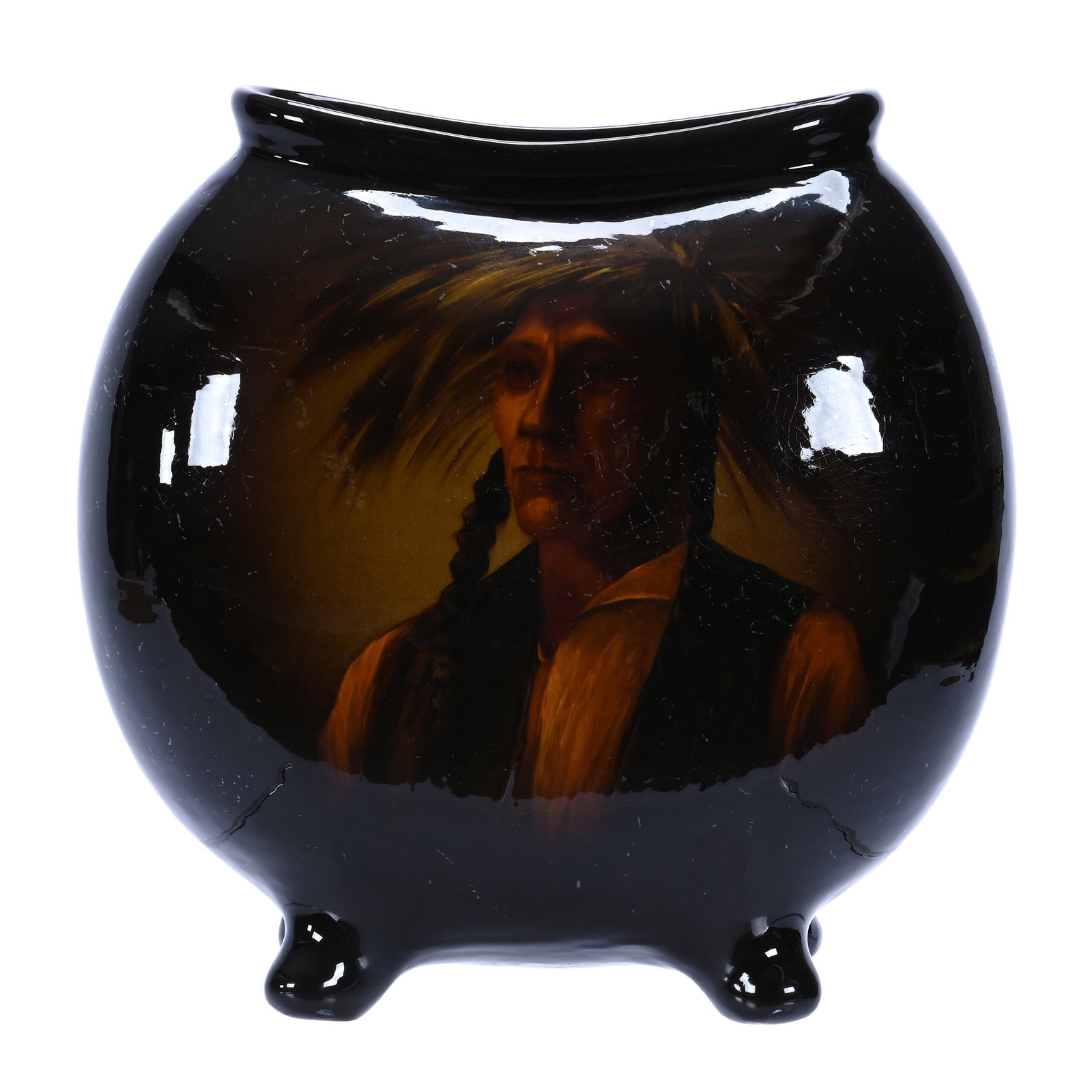 Footed Pillow Shaped Vase, Owens Art Pottery: Footed Pillow Shaped Vase, Owens Art Pottery, 11.75 x 11.75 x 5.5 Inches, Standard Glaze With Exceptional Portrait Of Native American Brave, Has Some Crazing, 9.7 Pounds, Douglas Millhoff Collection, 