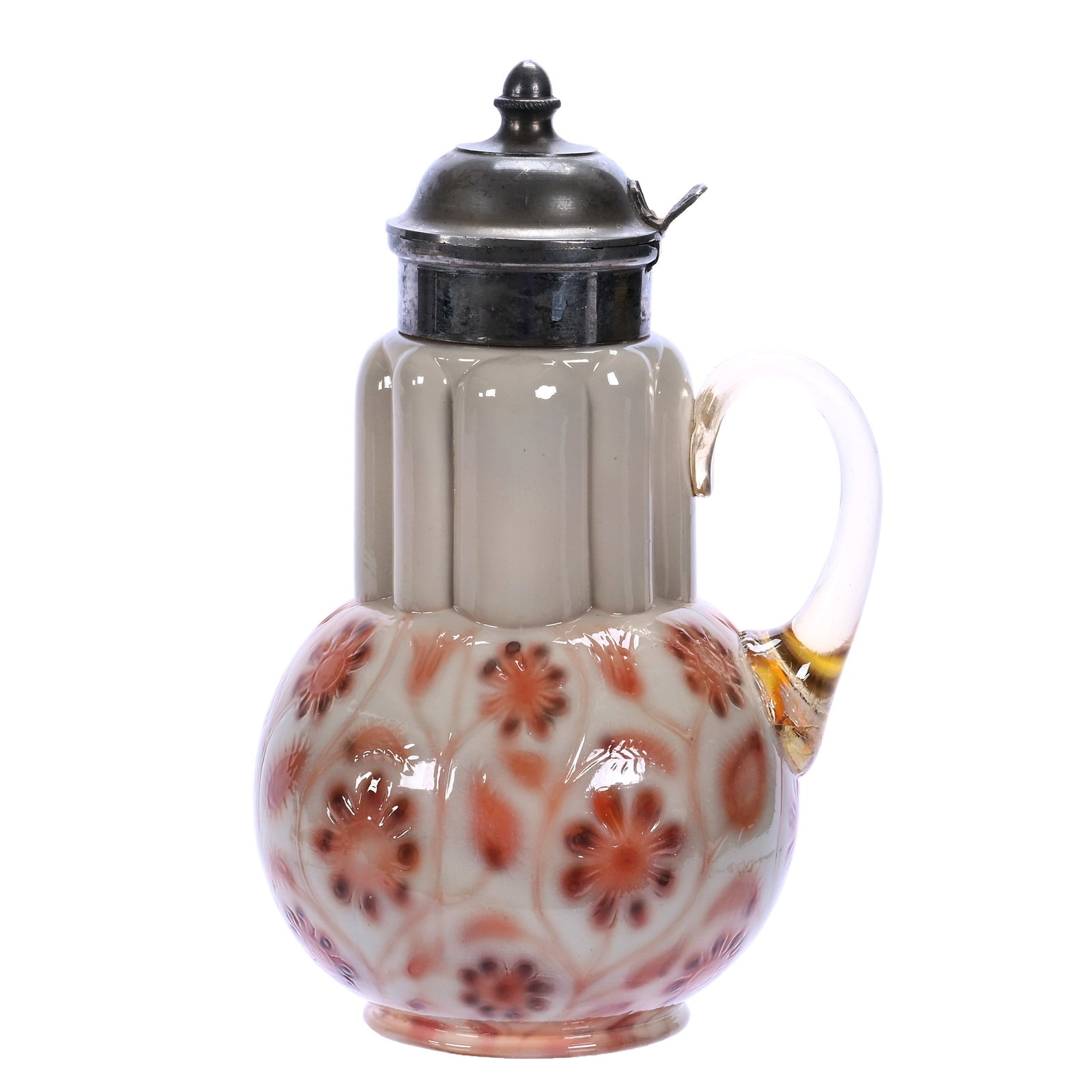 Syrup Pitcher, Findlay Onyx Rose Art Glass: Syrup Pitcher, Findlay Onyx Rose Art Glass, 7 x 4.5 x 4 Inches, Metal Flip Lid, Hard To See Flaw On Handle Base, Very Rare Color, 1.1 Pounds, Douglas Millhoff Collection, Ohio. Effective 6/6/26, All L
