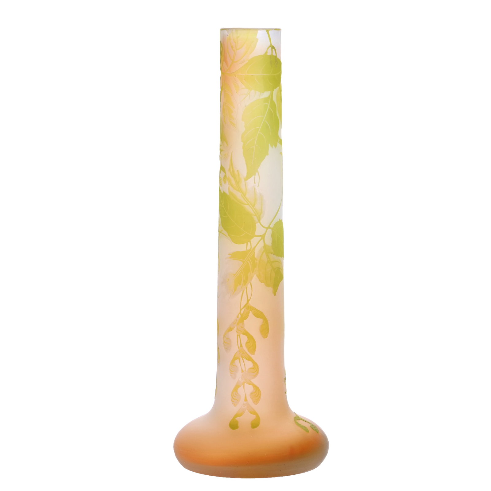 Vase, Signed *Galle, French Cameo Art Glass: Vase, Signed *Galle, French Cameo Art Glass, 17.5 x 6.5 x 6.5 Inches, Pink And White Ground With Green Carved Cameo Overlay, Featuring Maple Tree Branch And Seed Decor, 4.5 Pounds, Barbara Shulhof Est