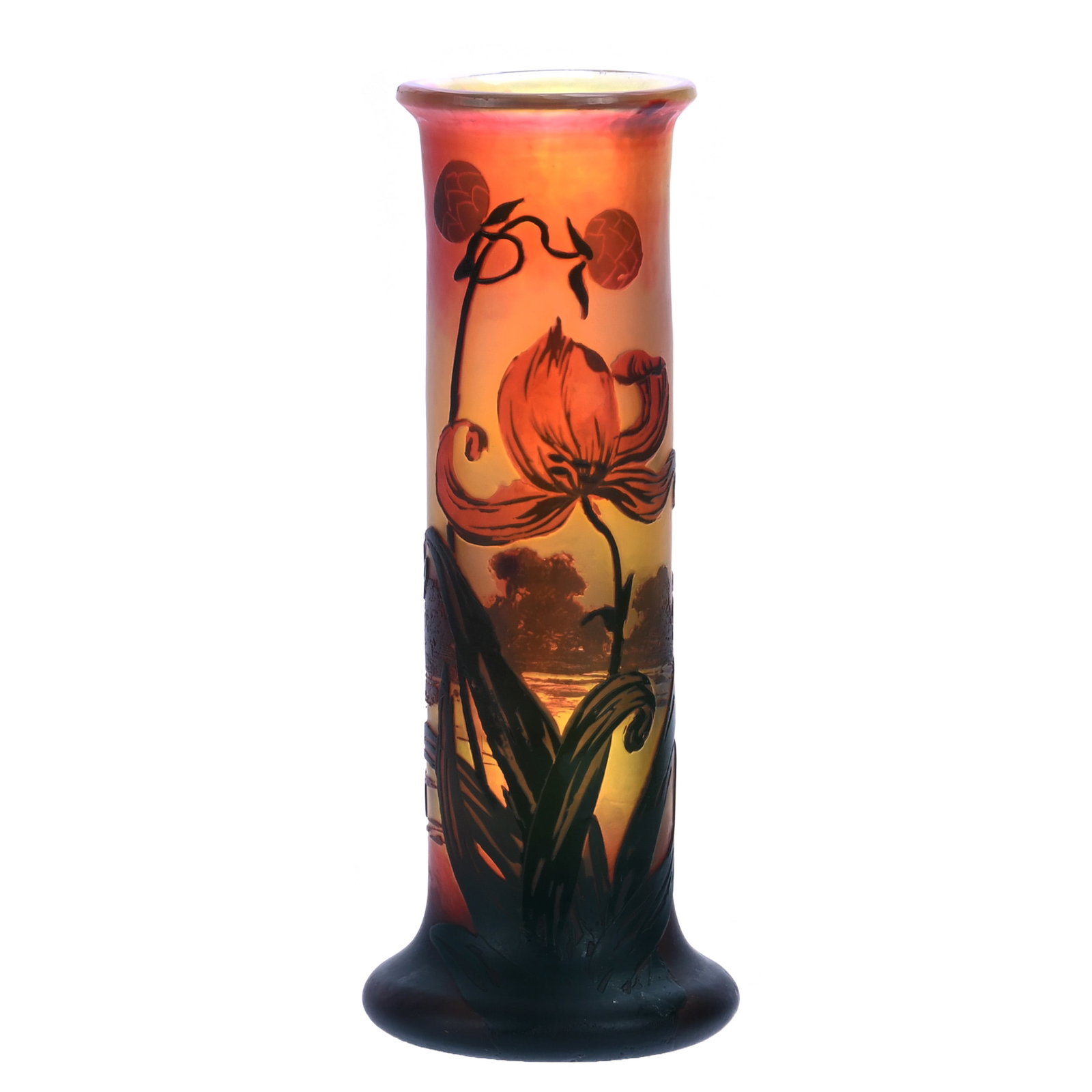 Vase, French Cameo Art Glass, Attributed To Paul Nicolas: Vase, French Cameo Art Glass, Attributed To Paul Nicolas, 5.5 x 2.25 x 2.25 Inches, Yellow And Cranberry With Dark Cut Back Floral And Lake Decor, Professional Rim Touchup, 0.4 Pounds, Private Collect