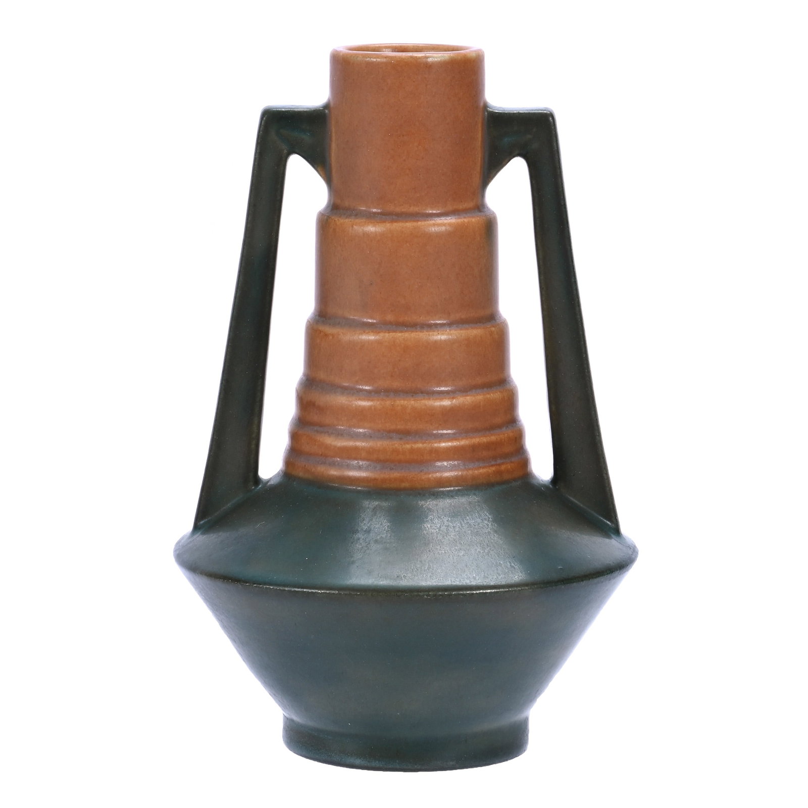 Two Handled Vase, Unmarked Roseville Art Pottery, Futura Telescope: Two Handled Vase, Unmarked Roseville Art Pottery, Futura Telescope, 7.25 x 4.75 x 4.75 Inches, Brown And Green Tones, Glaze Chip On Base, 1.1 Pounds, Douglas Millhoff Collection, Ohio. Effective 6/6/2