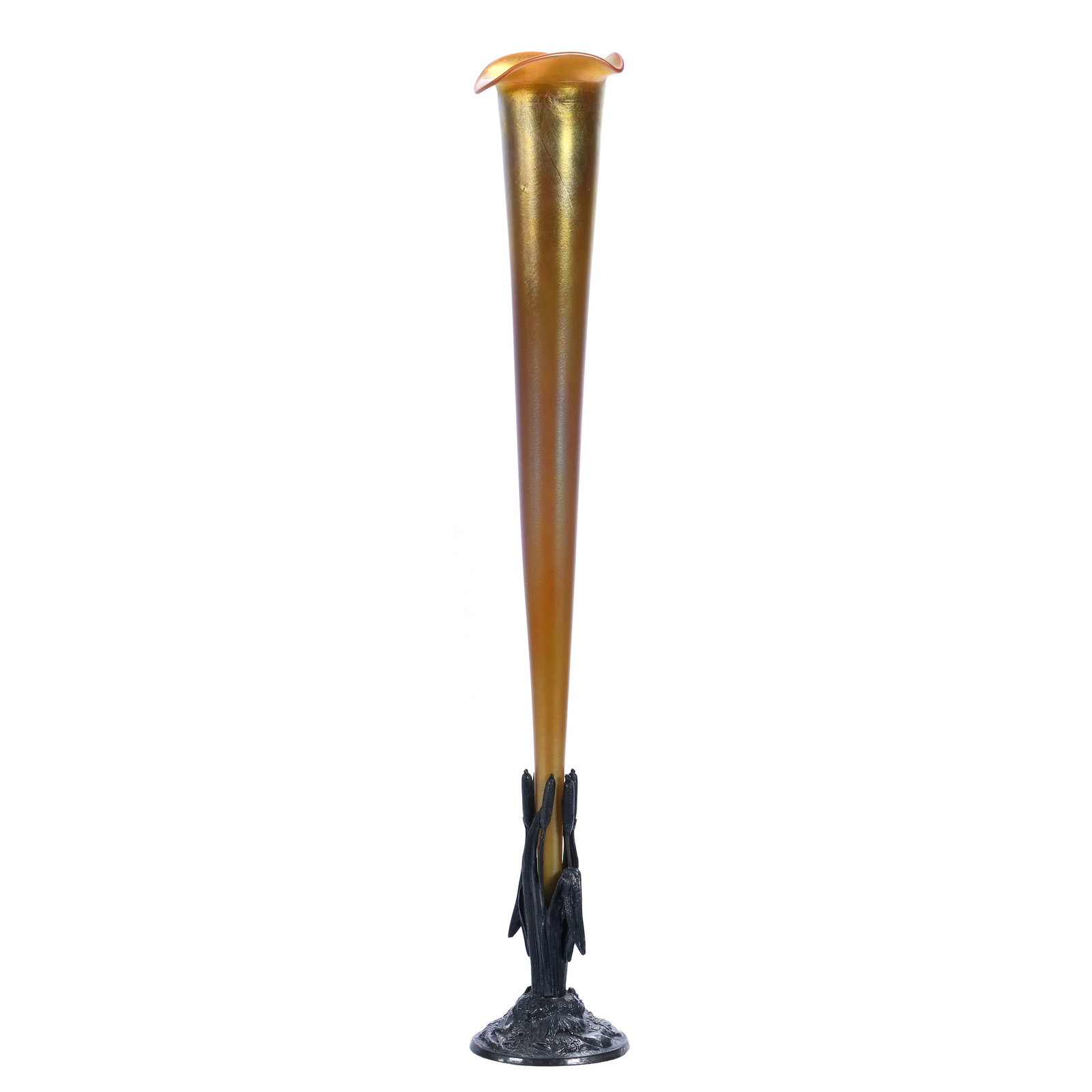 Bud Vase, Signed Quezal: Bud Vase, Signed Quezal, 15.5 x 2.5 x 2.5 Inches, Gold Iridescent Art Glass Removable Trumpet Vase Set On Silverplate Cattail Design Base Marked Tufts, 0.7 Pounds, William "Bill" Wright Collection, Wi