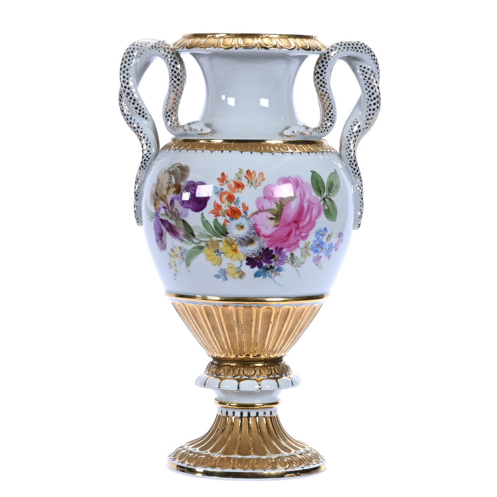Pedestal Two Handled Vase, Meissen Porcelain Blue Crossed Swords Mark: Pedestal Two Handled Vase, Meissen Porcelain Blue Crossed Swords Mark, 10.5 x 6.25 x 5 Inches, White With Colorful Floral Decor, Figural Snake Handles, Strong Gold Highlights, Model #E153, 2.7 Pounds,