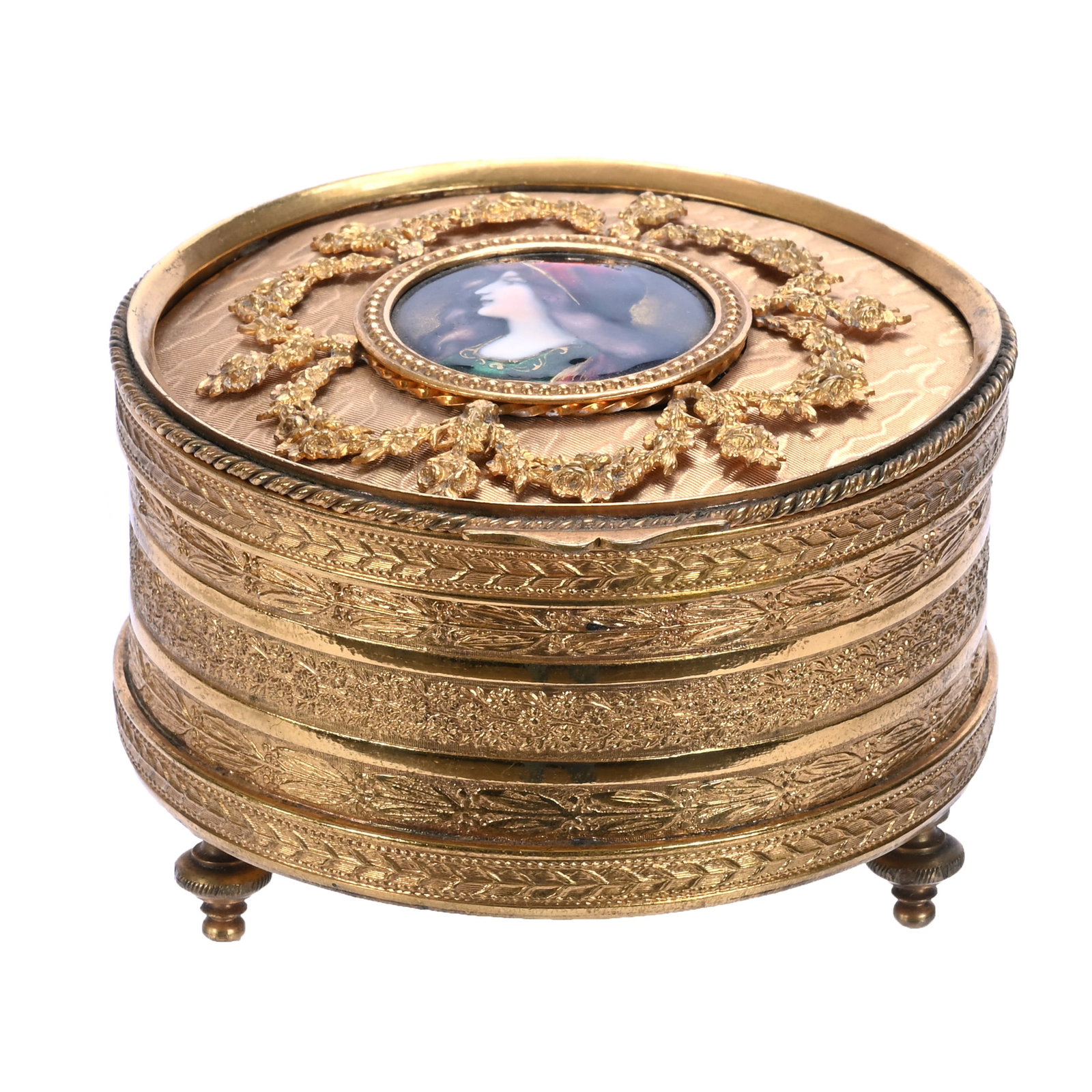 Music/Jewel Box: Music/Jewel Box, 4.25 x 4.25 x 2.75 Inches, French Enamel Portrait Medallion With Gilded Metal Case, Original Lining, Music Box In Good Working Condition, 1.1 Pounds, Douglas Millhoff Collection, Ohio