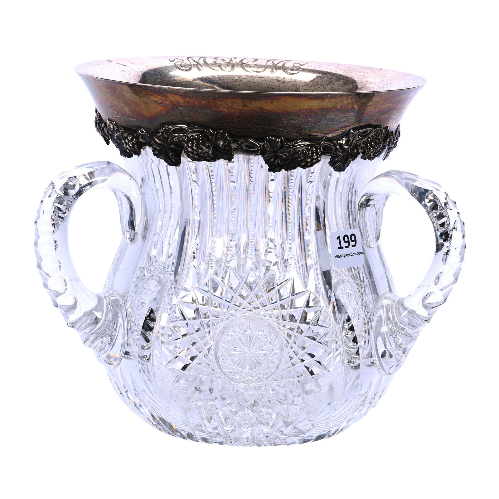 Three Handled Loving Cup, American Brilliant Cut Glass: Three Handled Loving Cup, American Brilliant Cut Glass, 6.75 x 8 x 7.5 Inches, Embossed Sterling Rim Marked Wilcox, Hobstar And Prism Cut Body, Triple Notched Handles And Hobstar Base, 5.6 Pounds, Wil