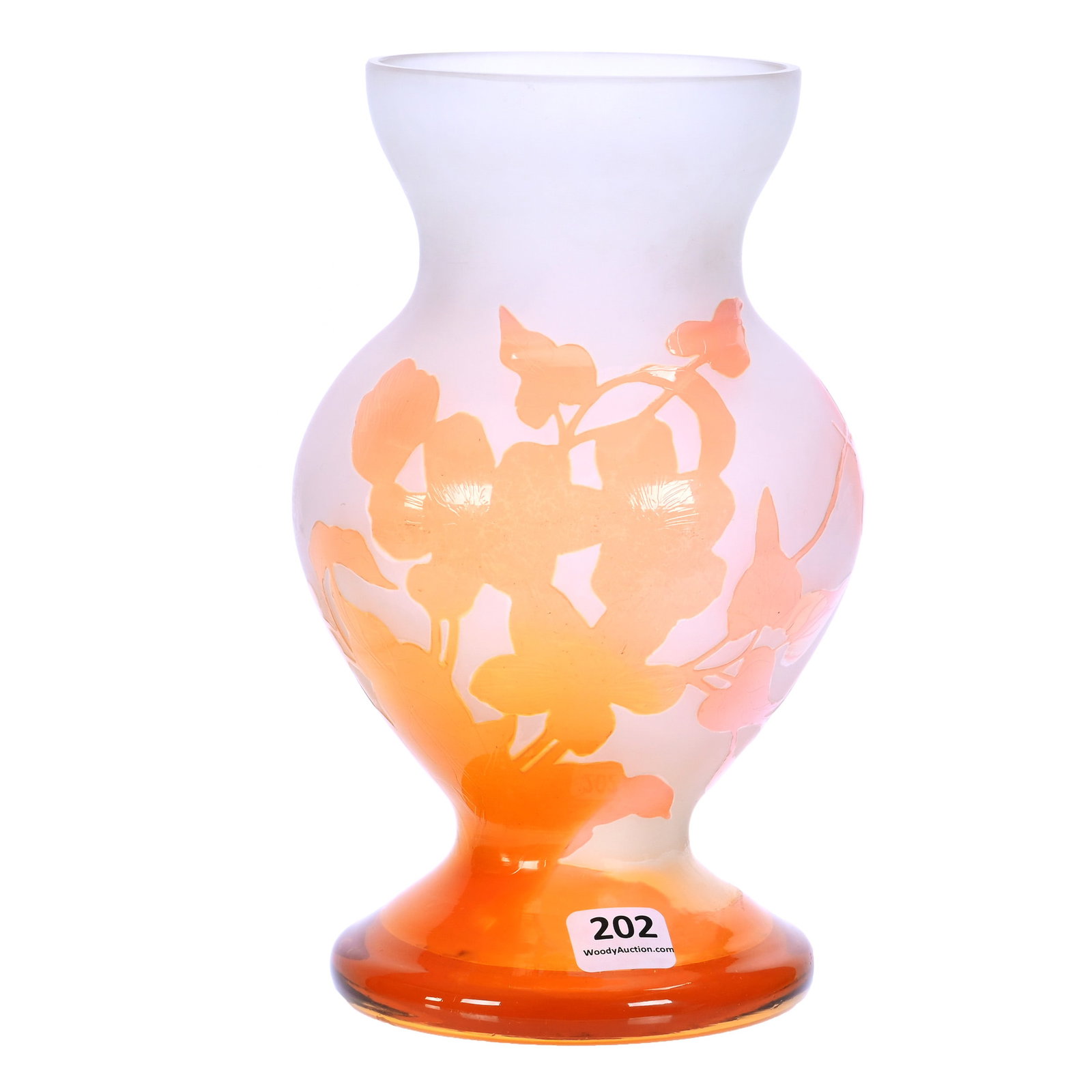 Vase, Cameo Art Glass, Unidentified Signature: Vase, Cameo Art Glass, Unidentified Signature, 8.25 x 4.75 x 4.75 Inches, Frosted White Background With Pink And Yellow Cutback Floral Overlay, Attributed To Bohemia, 2.2 Pounds, Private Collection,