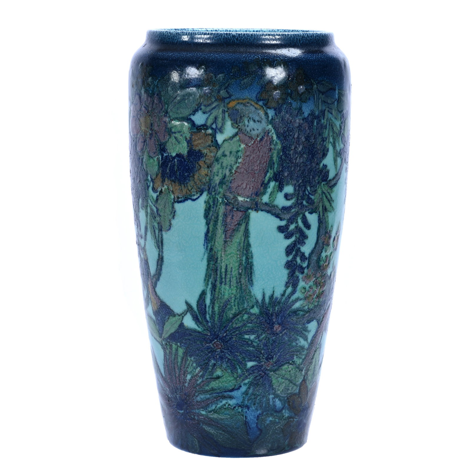 Vase, Rookwood Art Pottery, Dated 1922: Vase, Rookwood Art Pottery, Dated 1922, 14.75 x 7.5 x 7.5 Inches, Blue Matte Jungle Design, Artist Signed Edward T. Hurley, Model #1369b, Factory Bruise On Base, 7.7 Pounds, Private Collection, Missou