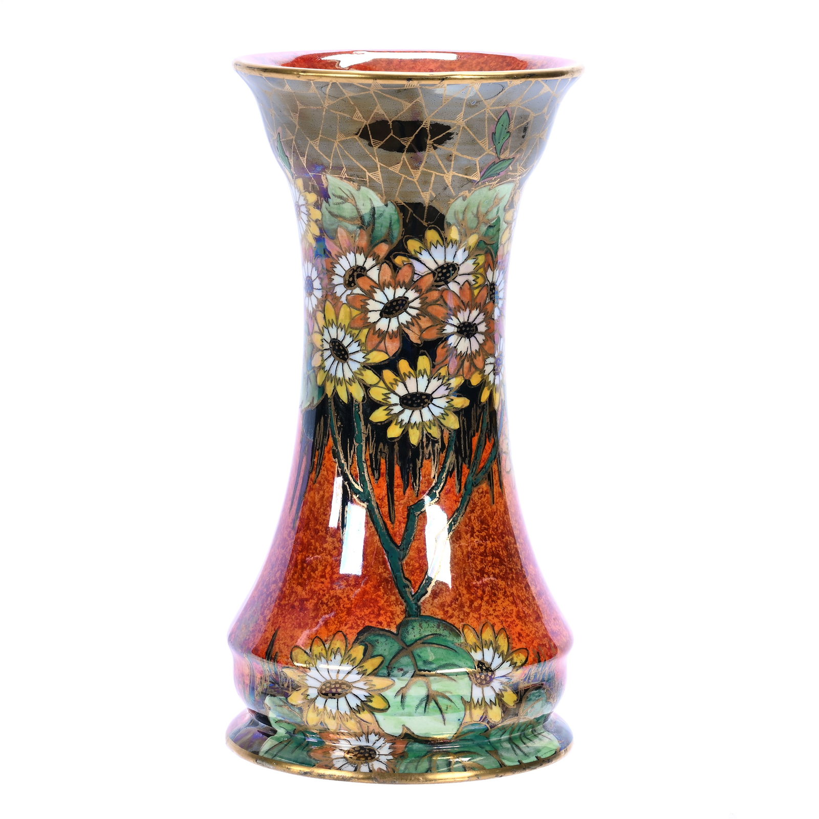 Vase, Marked "Maling Newcastle-On-Tyne Made In England": Vase, Marked "Maling Newcastle-On-Tyne Made In England", 8.75 x 4.5 x 4.5 Inches, Iridescent Flame Ground With Daisy Pattern, 1.4 Pounds, Barbara Shulhof Estate. Effective 6/6/26, All LiveAuctioneers