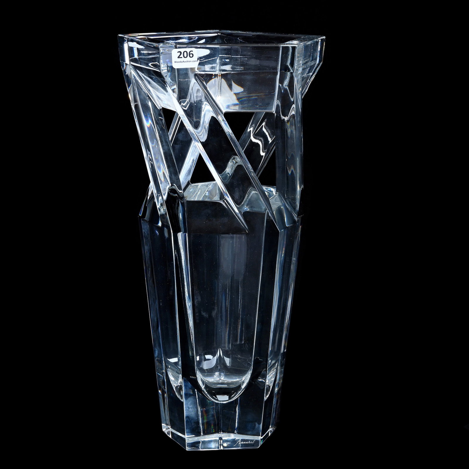 Pentagon Shaped Vase, Signed Baccarat: Pentagon Shaped Vase, Signed Baccarat, 15.25 x 7.5 x 7.5 Inches, Architecture Series, 17.2 Pounds, William "Bill" Wright Collection, Wisconsin. Effective 6/6/26, All LiveAuctioneers Invoices Must Be P