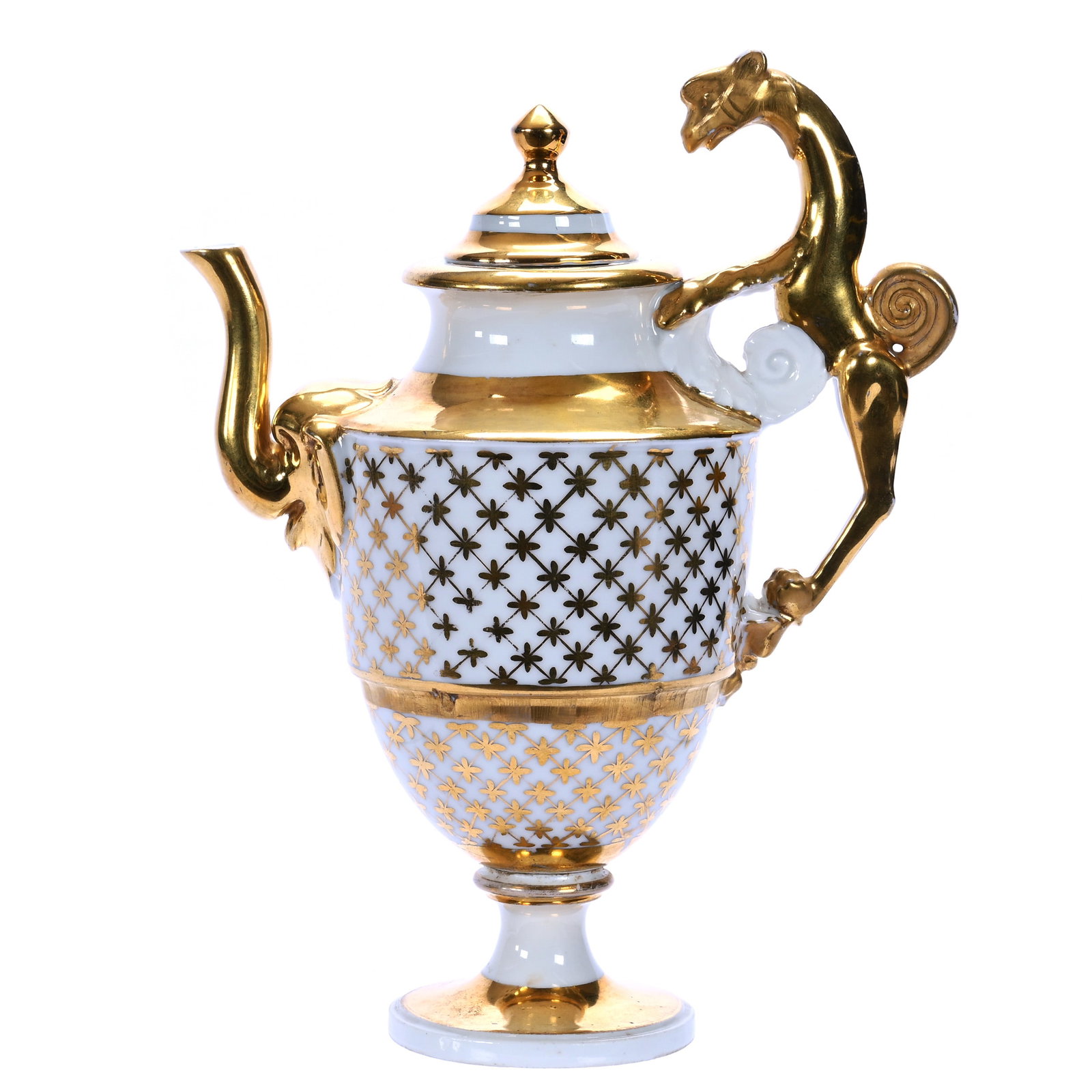 Pedestal Tea Pot, Unmarked French Porcelain: Pedestal Tea Pot, Unmarked French Porcelain, 9 x 7 x 4 Inches, White With Exceptional Gold Trim And Stencil Highlights, Figural Panther Handle With Elephant Head Spout, Lid Is Probable Sugar Lid, 1.5