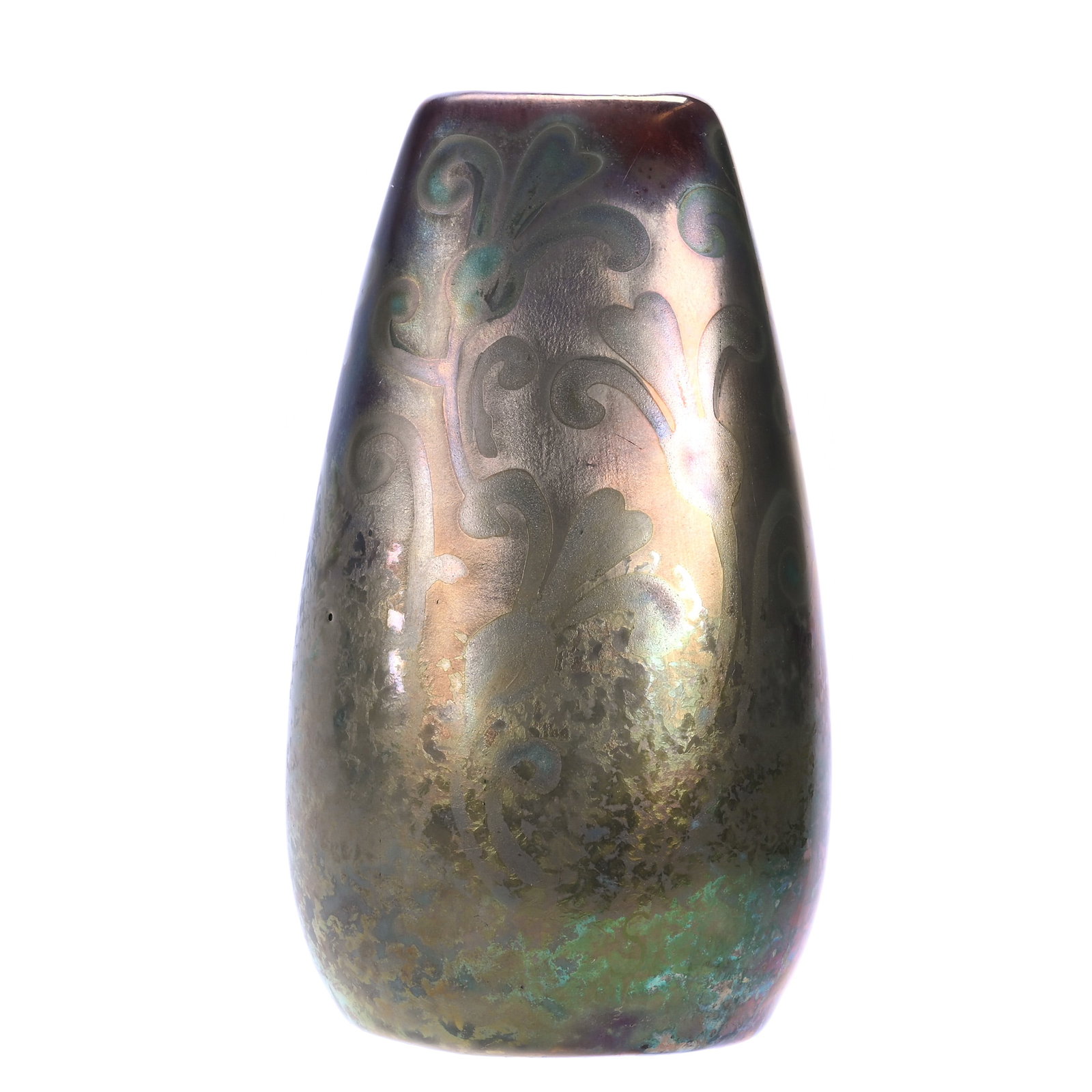 Vase, Weller Sicard Art Pottery: Vase, Weller Sicard Art Pottery, 5 x 3 x 3 Inches, Beautiful Iridescent Floral Design, 0.5 Pounds, Douglas Millhoff Collection, Ohio. Effective 6/6/26, All LiveAuctioneers Invoices Must Be Paid Using