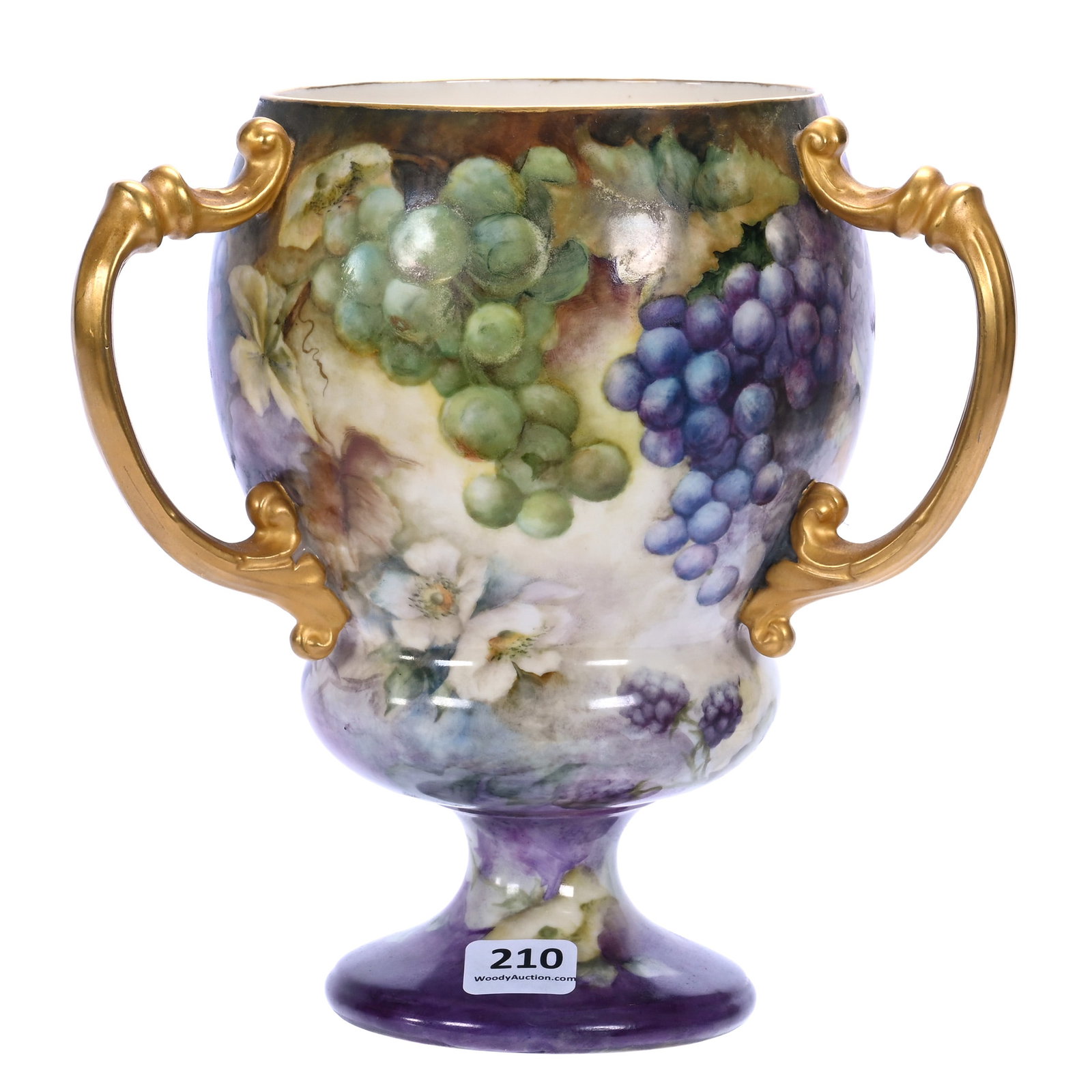 Pedestal Three Handled Loving Cup, Marked Willets Belleek: Pedestal Three Handled Loving Cup, Marked Willets Belleek, 7.5 x 7 x 7 Inches, Hand Painted Vintage And Blackberry Decor, 1.4 Pounds, William "Bill" Wright Collection, Wisconsin. Effective 6/6/26,