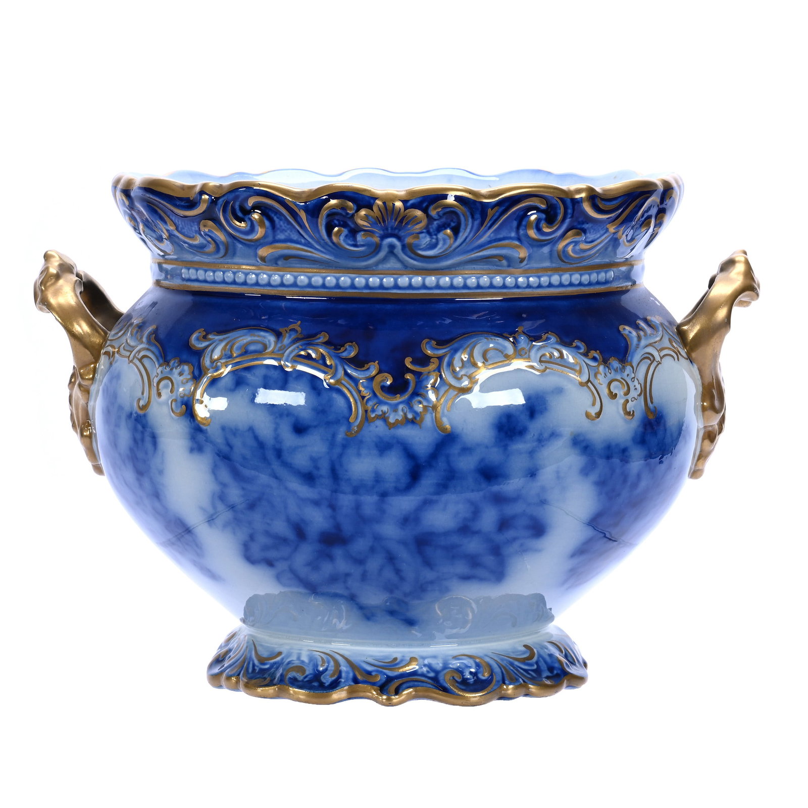 Two Handled Jardiniere, Flow Blue Marked Wheeling Pottery Company: Two Handled Jardiniere, Flow Blue Marked Wheeling Pottery Company, 8.25 x 11.5 x 9.5 Inches, Nice Floral Decor With Gold Stencil Highlights, 4.9 Pounds, William "Bill" Wright Collection, Wisconsin. Ef