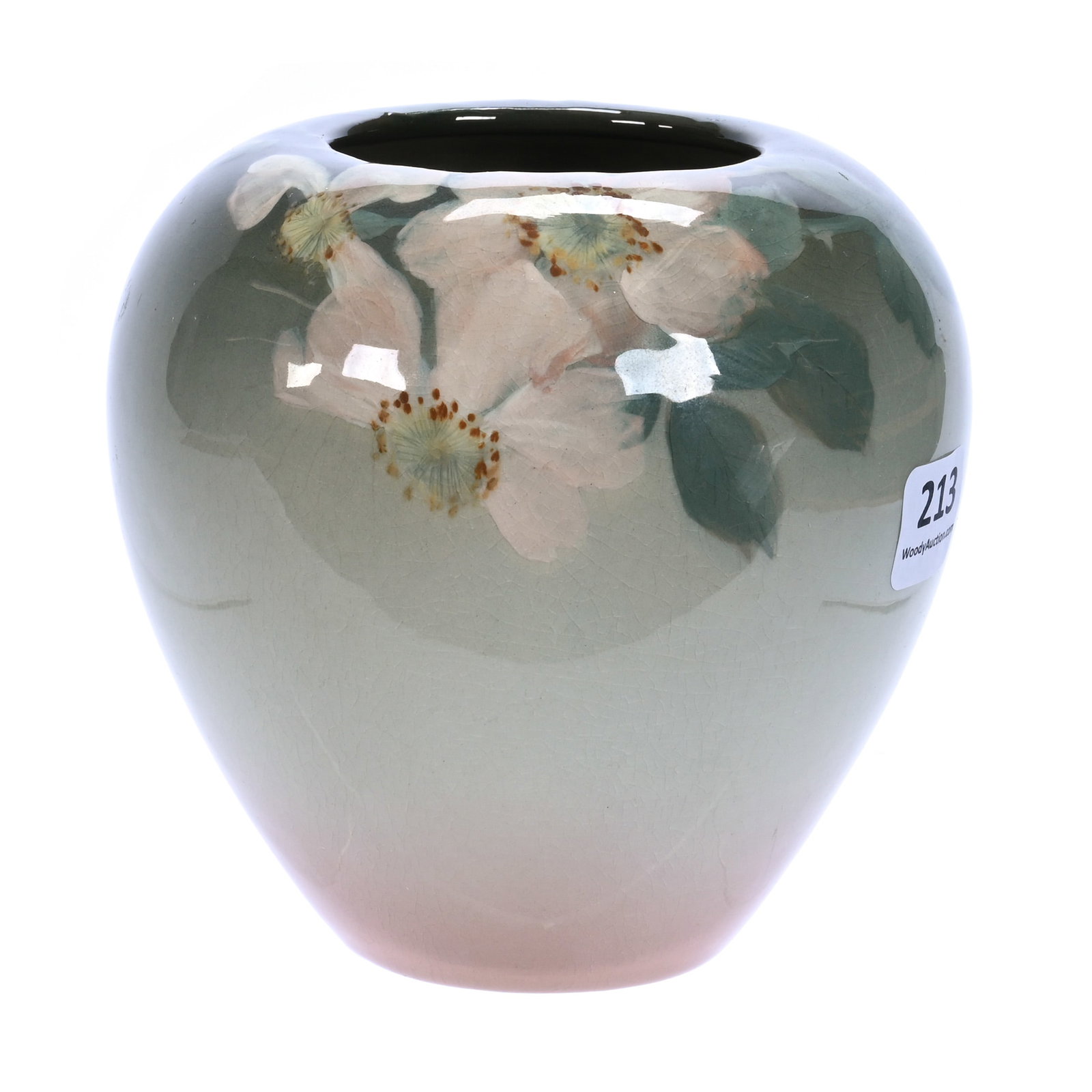 Vase, Marked Rookwood Art Pottery, Dated Post 1900: Vase, Marked Rookwood Art Pottery, Dated Post 1900, 4.5 x 4.5 x 4.5 Inches, Green Shading To Salmon Background With Floral Decor And Iris Glaze, Artist Signed CS (Carrie Steinle), 1.1 Pounds, Douglas
