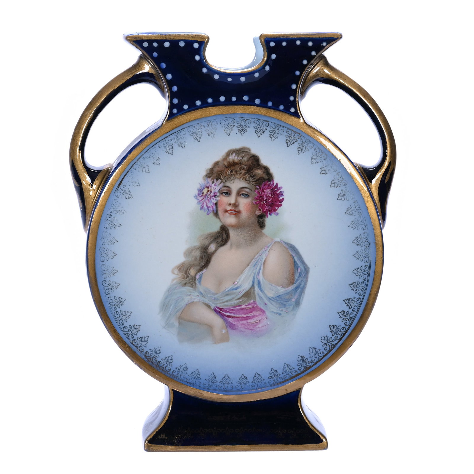 Two Handled Pillow Vase, Marked Labelle China (By Wheeling Pottery Company): Two Handled Pillow Vase, Marked Labelle China (By Wheeling Pottery Company), 11 x 8.5 x 3 Inches, Cobalt Blue With Portrait Of Young Woman And Gold Highlights, Possible Professional Handle Touchup, 3.