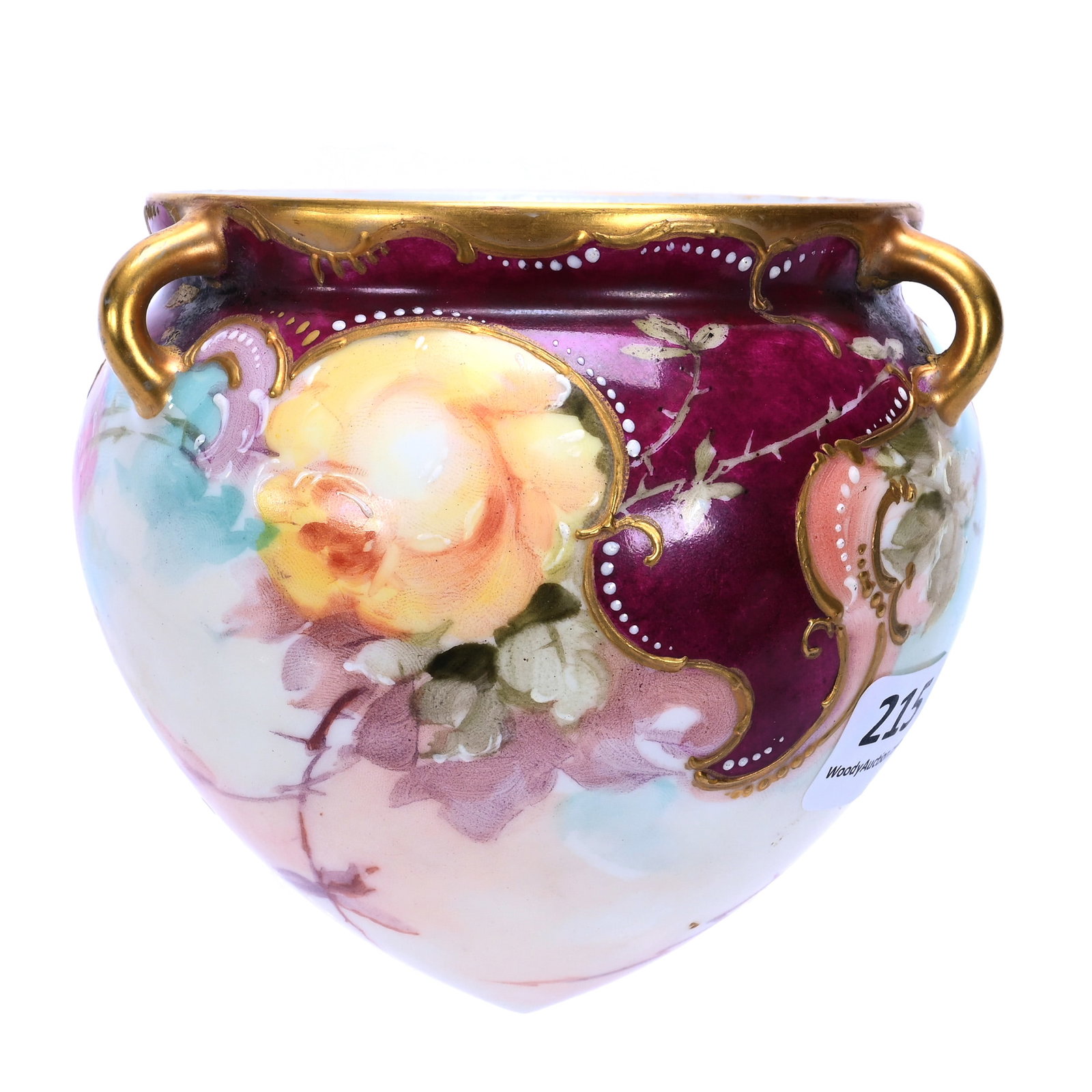 Hanging Flower Vase, Unmarked Limoges: Hanging Flower Vase, Unmarked Limoges, 3.5 x 4 x 4 Inches, Maroon Border With Pastel Background Colors, Rose Decor And Gold Trim Highlights, No Chain, 0.3 Pounds, William "Bill" Wright Collection,