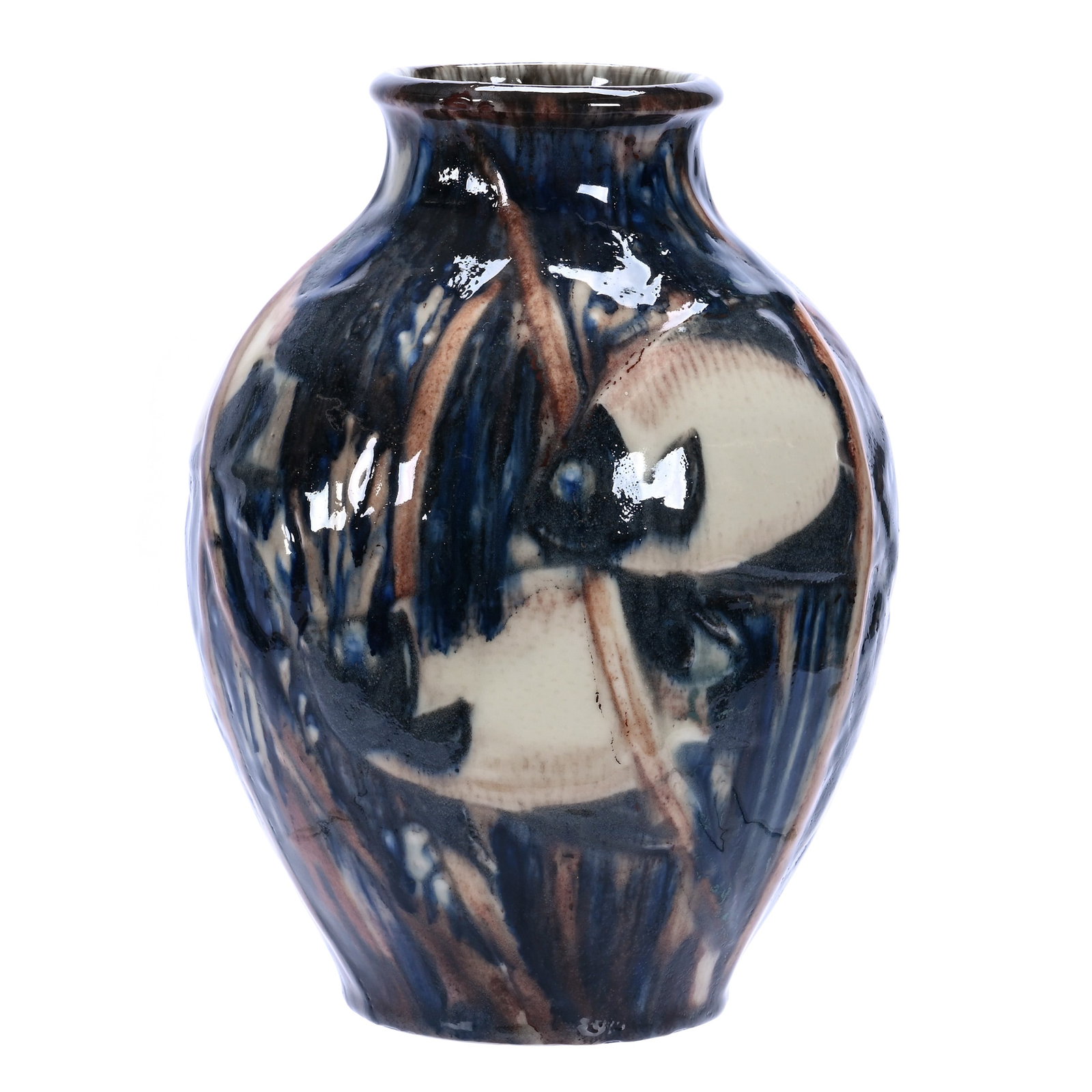 Vase, Marked Rookwood Art Pottery, Dated 1930, By Jens Jensen: Vase, Marked Rookwood Art Pottery, Dated 1930, By Jens Jensen, 11.25 x 8 x 8 Inches, Incredible Underwater Fish And Reed Design, Multi-Color, Model #6091, Fiftieth Anniversary Mark, Beautiful Example,