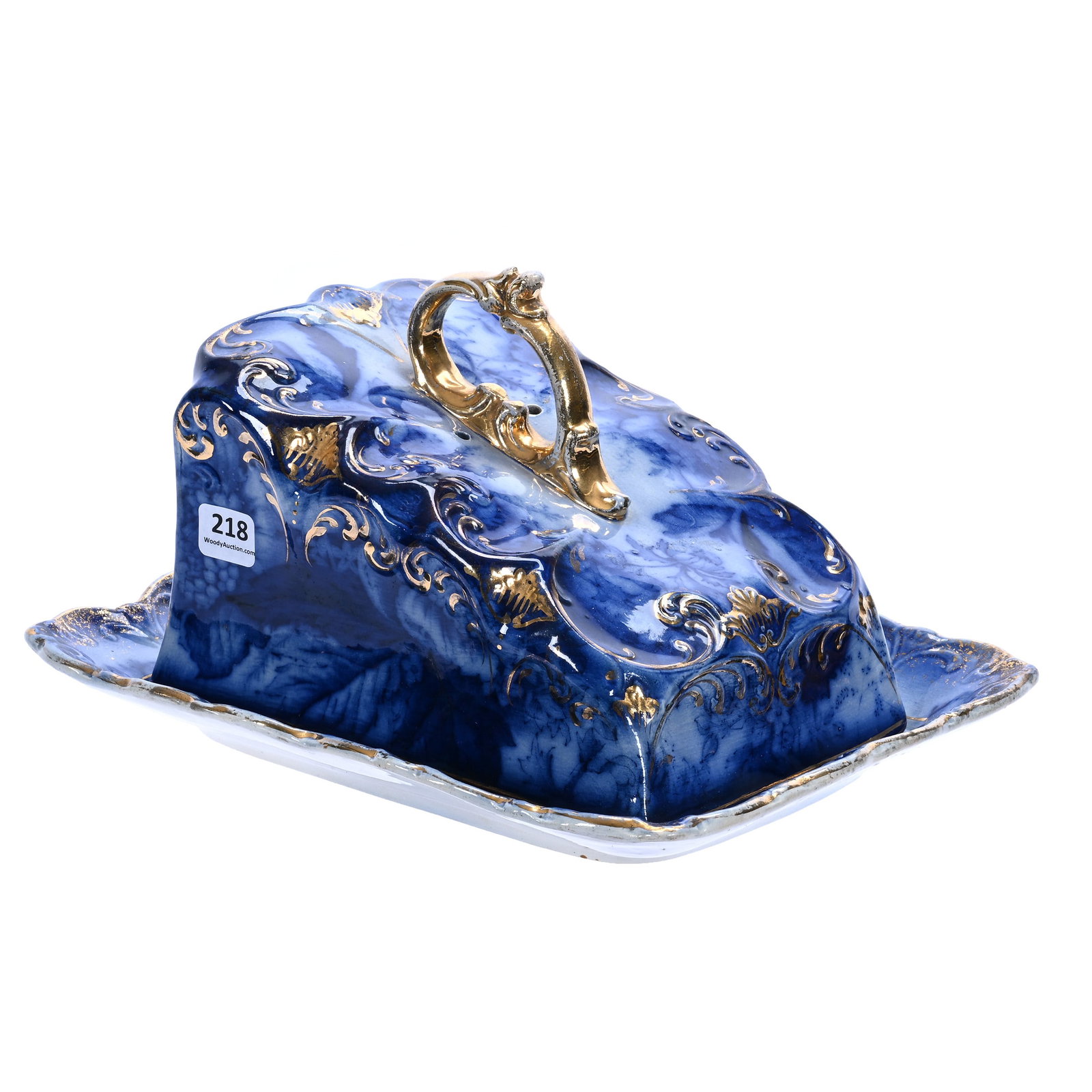 Covered Cheese Dish, Unmarked Flow Blue Attributed To Wheeling Pottery Company: Covered Cheese Dish, Unmarked Flow Blue Attributed To Wheeling Pottery Company, 6.25 x 10.75 x 8.75 Inches, Highly Detailed Floral Decor With Gold Stencil Highlights, 3.5 Pounds, William "Bill"