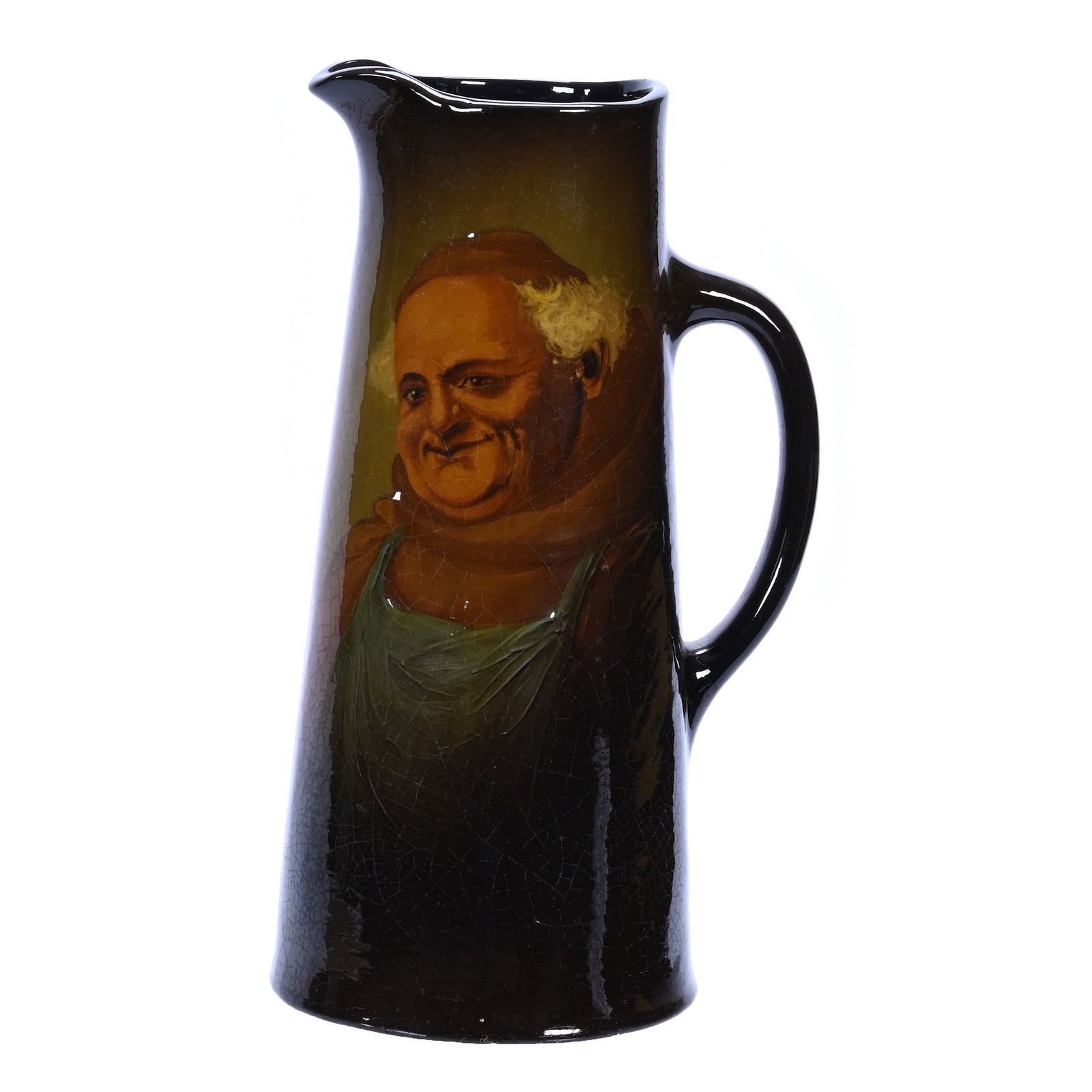 Tankard, Unmarked Weller Louwelsa: Tankard, Unmarked Weller Louwelsa, 12.5 x 7 x 5.75 Inches, Standard Glaze With Hand Painted Portrait Of Monk Wearing Apron, Artist Signed LJB (Levi Burgess), 3.9 Pounds, Douglas Millhoff Collection, O