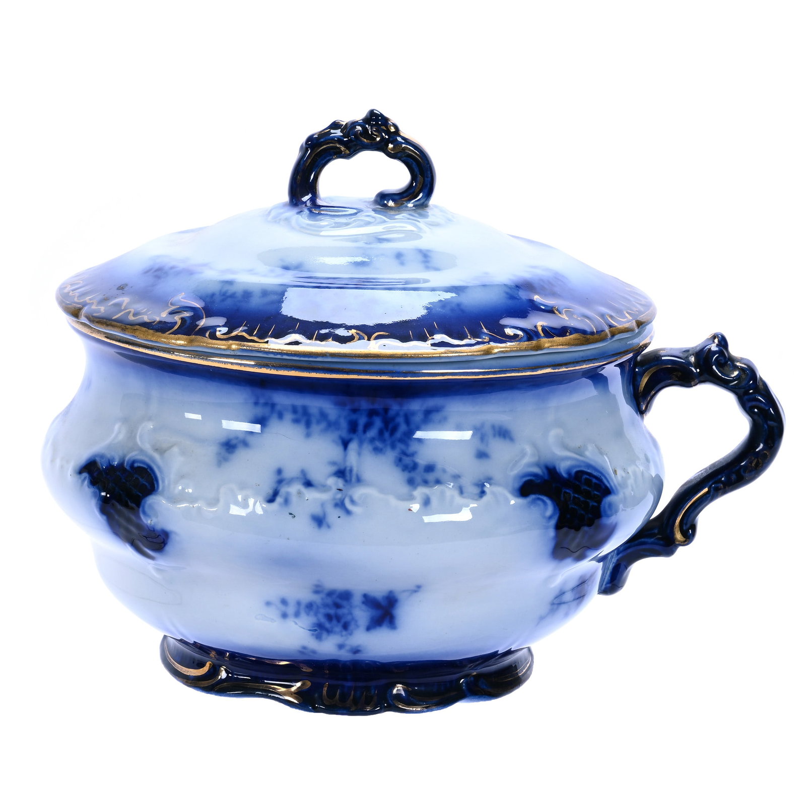 Chamber Pot, Flow Blue Marked Labelle China (By Wheeling Pottery Company): Chamber Pot, Flow Blue Marked Labelle China (By Wheeling Pottery Company), 8.5 x 10.5 x 8.5 Inches, Floral Decor With Gold Stencil Highlights, Excellent Example, 4.6 Pounds, William "Bill" Wright