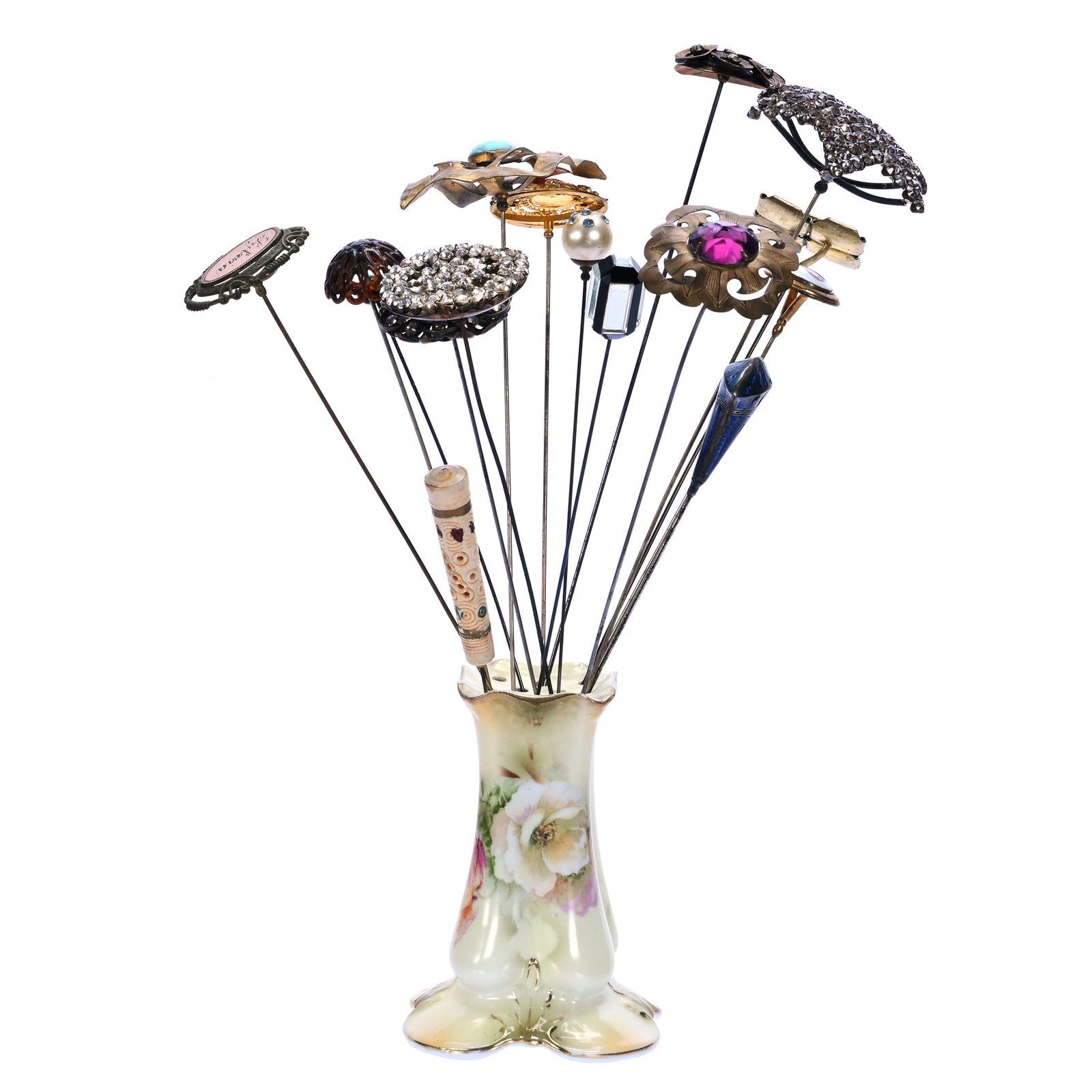 Hat Pin Holder With (16) Vintage Hat Pins: Hat Pin Holder With (16) Vintage Hat Pins, 13 x 3.25 x 3.25 Inches, (1) 4.4" X 3.25" X 3.25" Holder Marked R.S. Prussia, Cream Tones With Floral Decor and (16) Decorative Hat Pins, View Photos For
