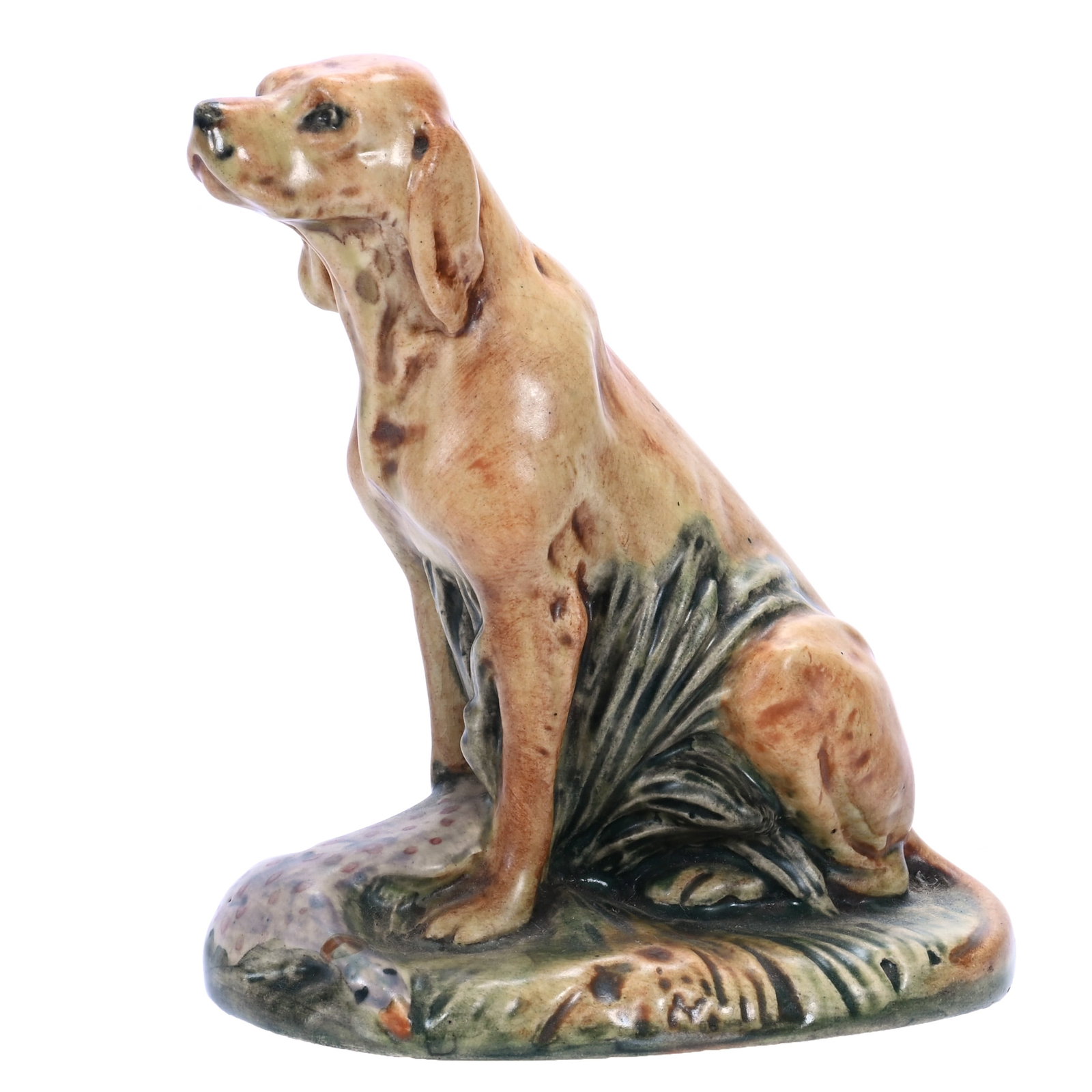 Figurine, Marked Weller Art Pottery, Muskota Line: Figurine, Marked Weller Art Pottery, Muskota Line, 5.5 x 4.75 x 3.25 Inches, Hunting Dog Sitting With Duck At Feet, 0.8 Pounds, Douglas Millhoff Collection, Ohio. Effective 6/6/26, All