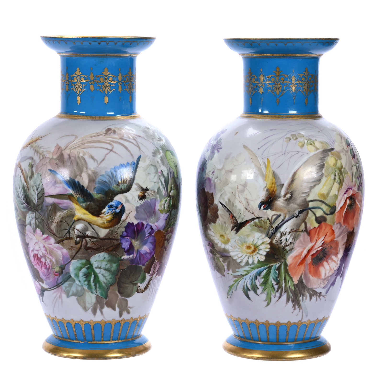 Pair Vases, French Porcelain Marked Sevres: Pair Vases, French Porcelain Marked Sevres, 16 x 8.5 x 8.5 Inches, Incredible Hand Painted Floral Bird And Insect Decor, Light Blue Borders With Gold Highlights, Both Have Hard To See Professional Cen
