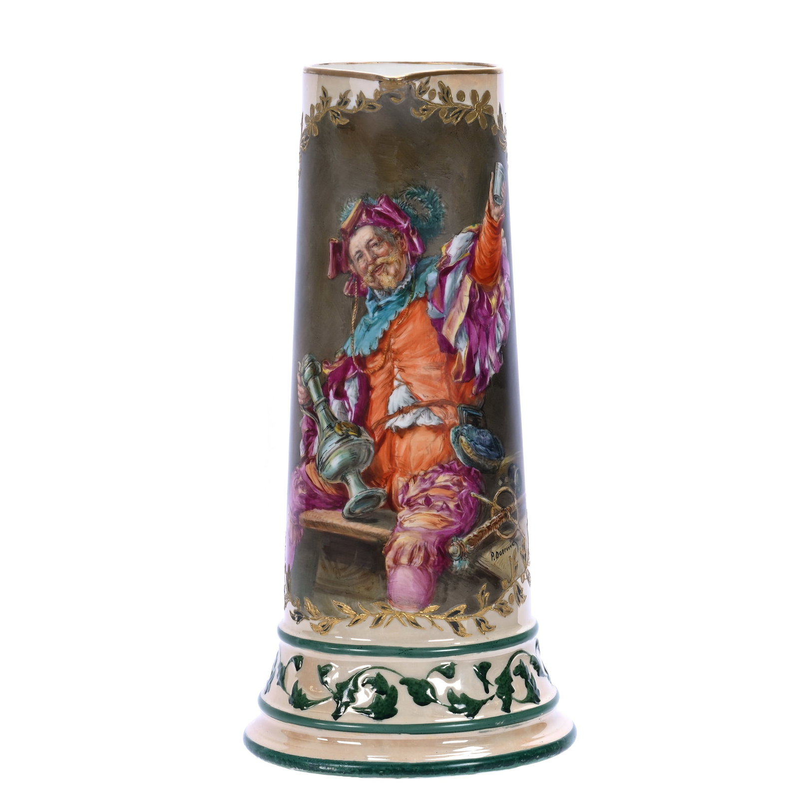 Tankard, Marked Willets Belleek: Tankard, Marked Willets Belleek, 14 x 7.75 x 7 Inches, Cream And Green Tones With Hand Painted Scene Of Falstaff, Artist Signed Doering, 3.8 Pounds, William "Bill" Wright Collection, Wisconsin. Effect