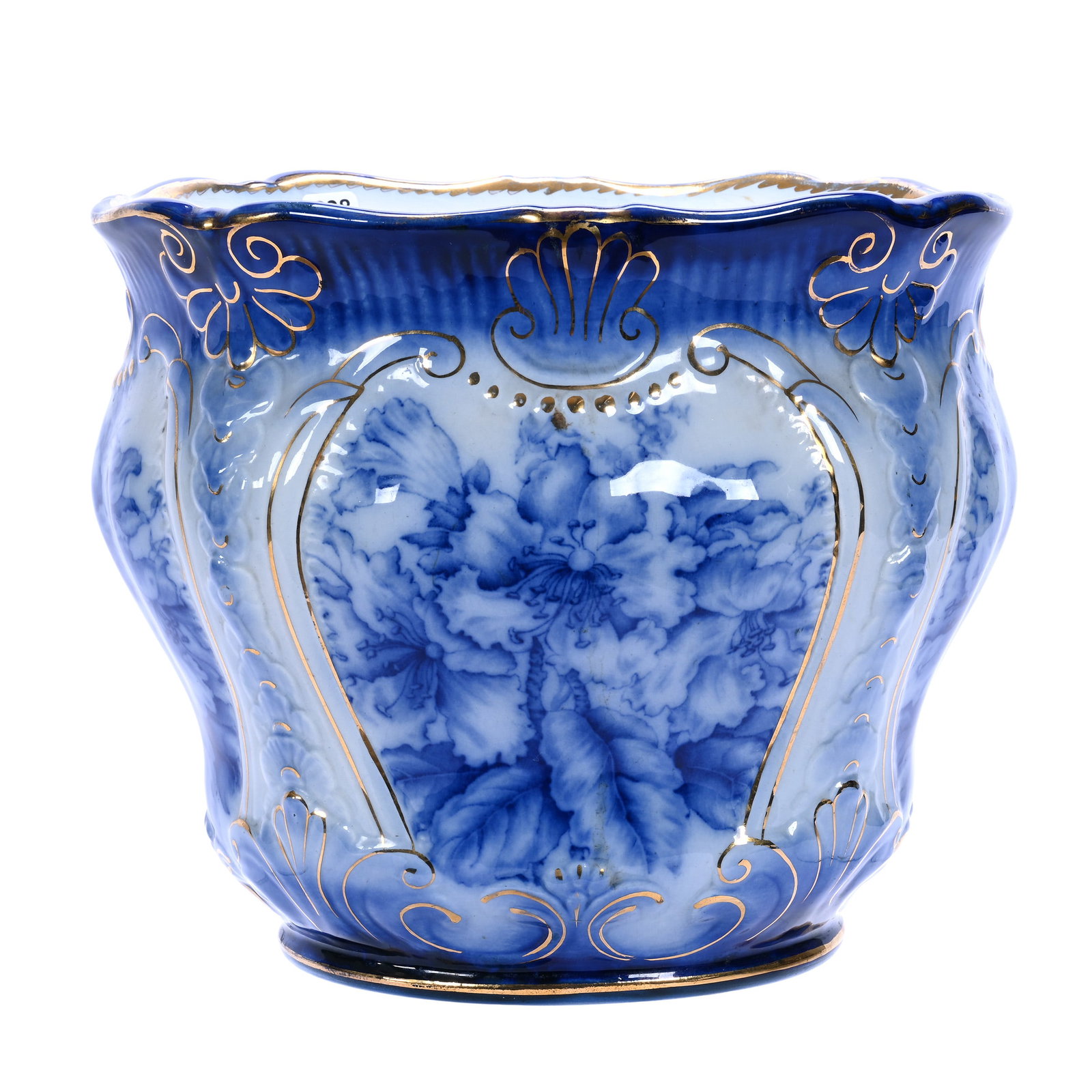 Jardiniere, Flow Blue Marked Labelle China (By Wheeling Pottery Company): Jardiniere, Flow Blue Marked Labelle China (By Wheeling Pottery Company), 10 x 11.5 x 11.5 Inches, Wild Poppy Floral Decor With Gold Stencil Highlights, 10.3 Pounds, William "Bill" Wright Collection,