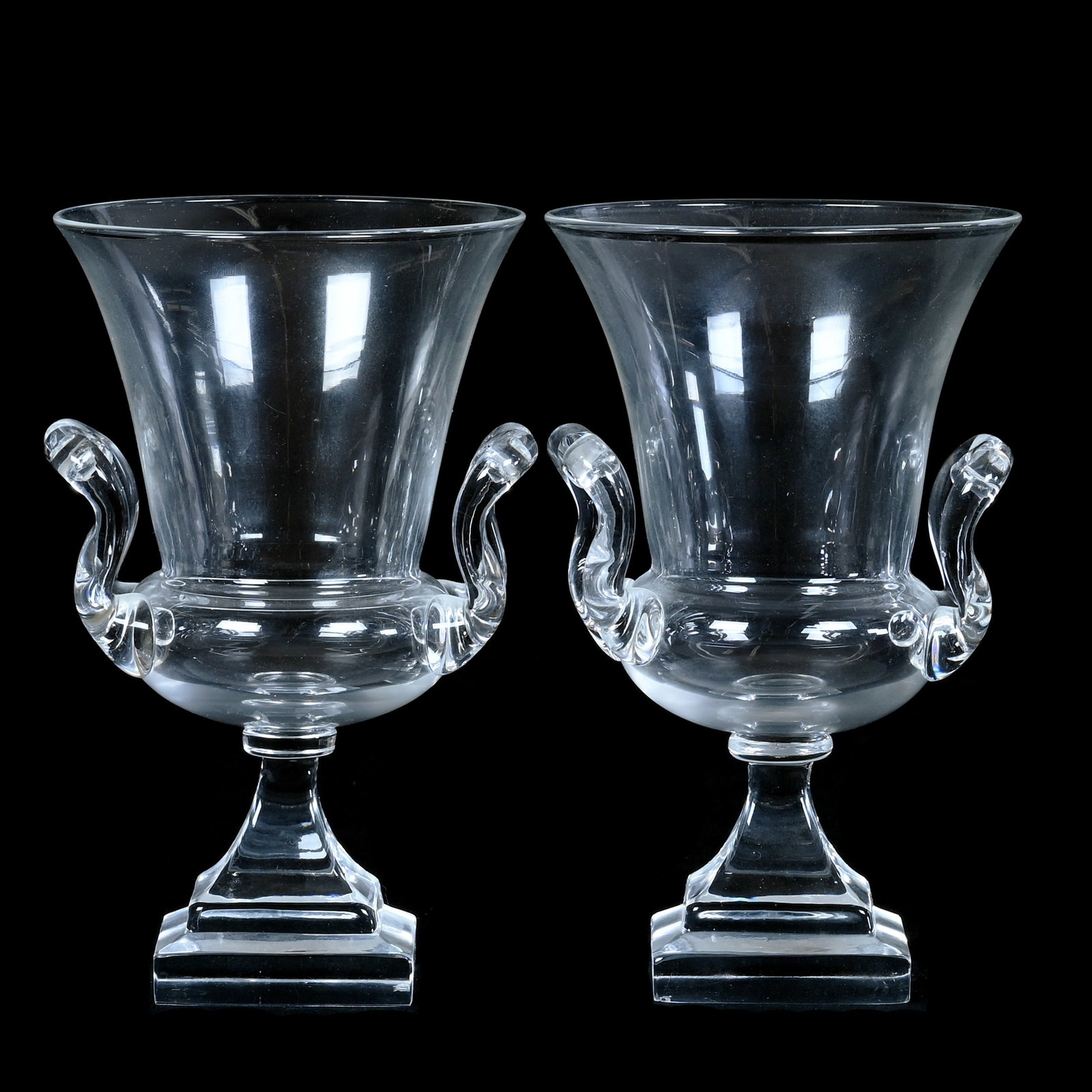 (2) Two-Handled Pedestal Vases, Signed Steuben, Clear Art Glass (1 of 4)