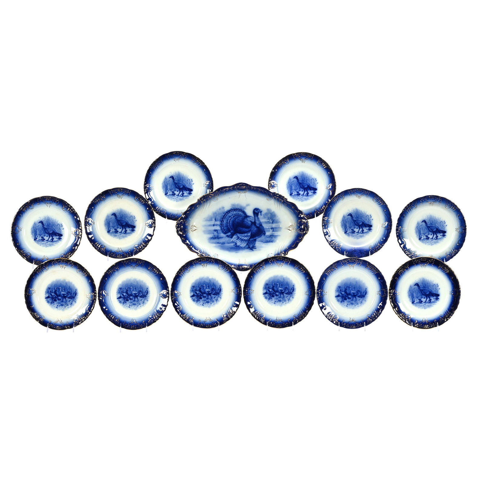 Turkey Platter And (12) Dinner Plates, Flow Blue Marked Labelle China (By Wheeling Pottery Company) (1 of 3)