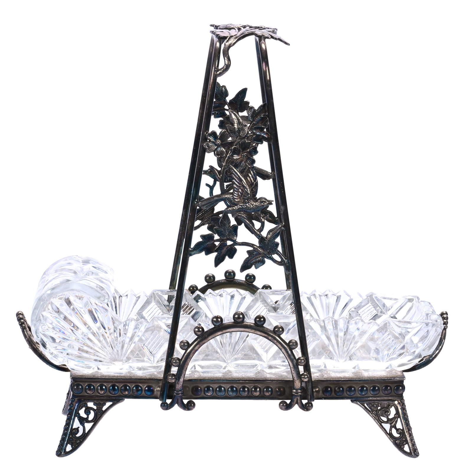 Victorian Celery Tray, Clear Pattern Glass Sled Shaped: Victorian Celery Tray, Clear Pattern Glass Sled Shaped, 8.5 x 9 x 4.25 Inches, Insert Set On Tufts, Silverplate #3618 Frame, Insert Has A Rim Chip, 2 Pounds, Barbara Shulhof Estate. Effective 6/6/26,