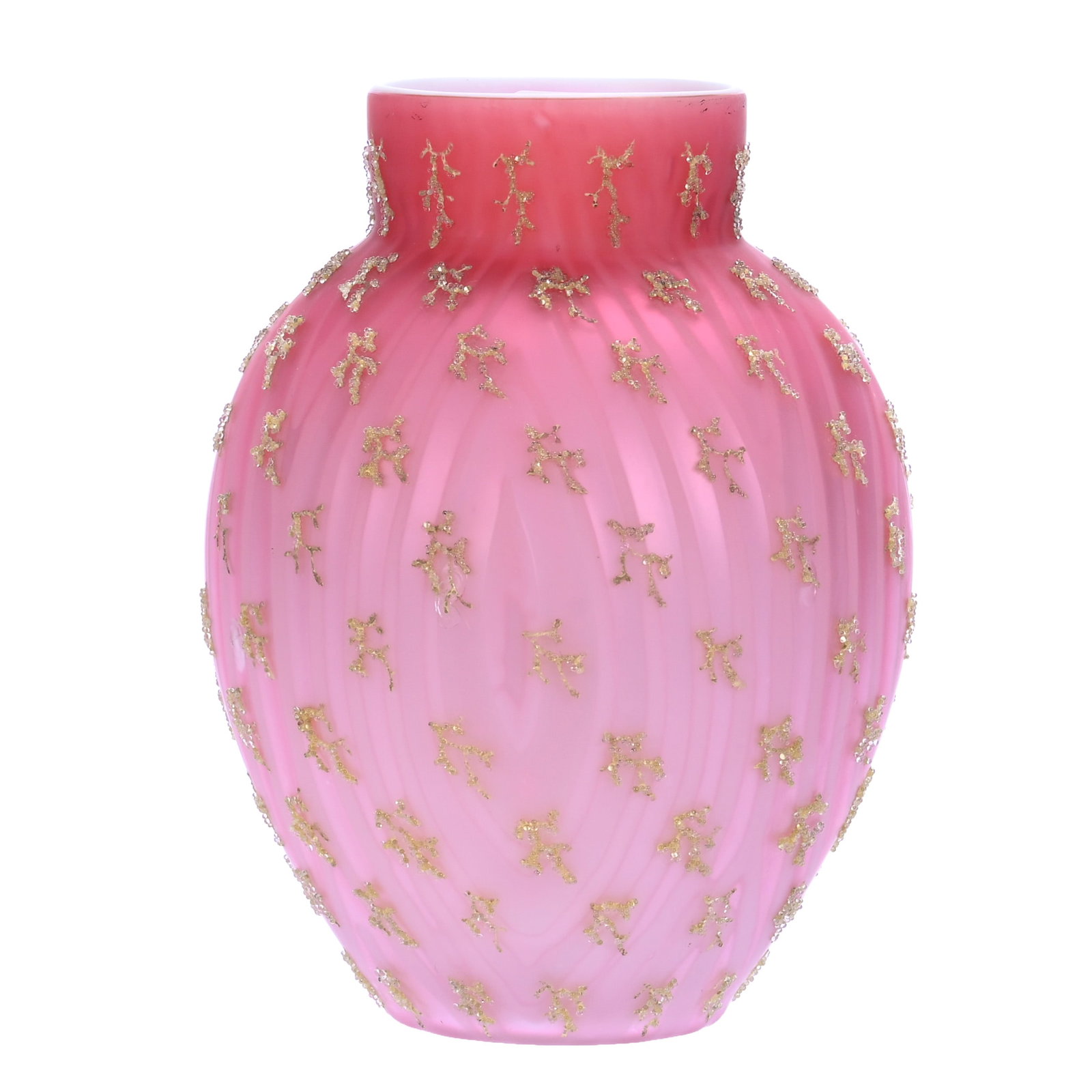 Vase, Pink Satin Mother Of Pearl, Moire (Also Known As Water Silk): Vase, Pink Satin Mother Of Pearl, Moire (Also Known As Water Silk), 7 x 5 x 5 Inches, Yellow Coralene Overlay, Some Light Coralene Loss And Two Surface Bruises, 1.5 Pounds, Douglas Millhoff Collection